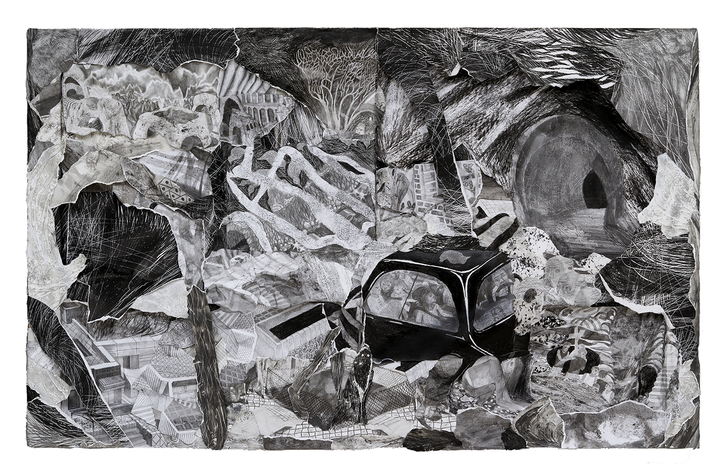 돌과 나와 벽, 2022, 목재틀에 종이, 흑연, 및 혼합재료, 73x117cm