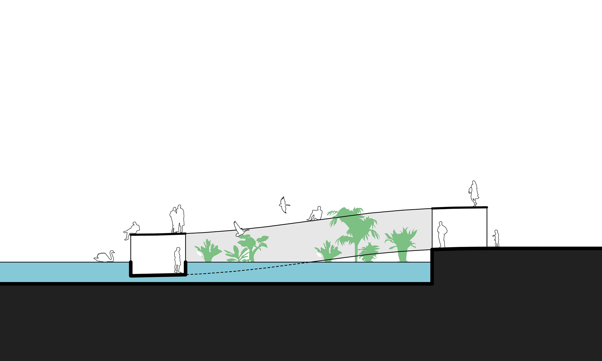 Half of the pavillion climbs up to the ground to welcome visitors from the train while the other half dips into the water.