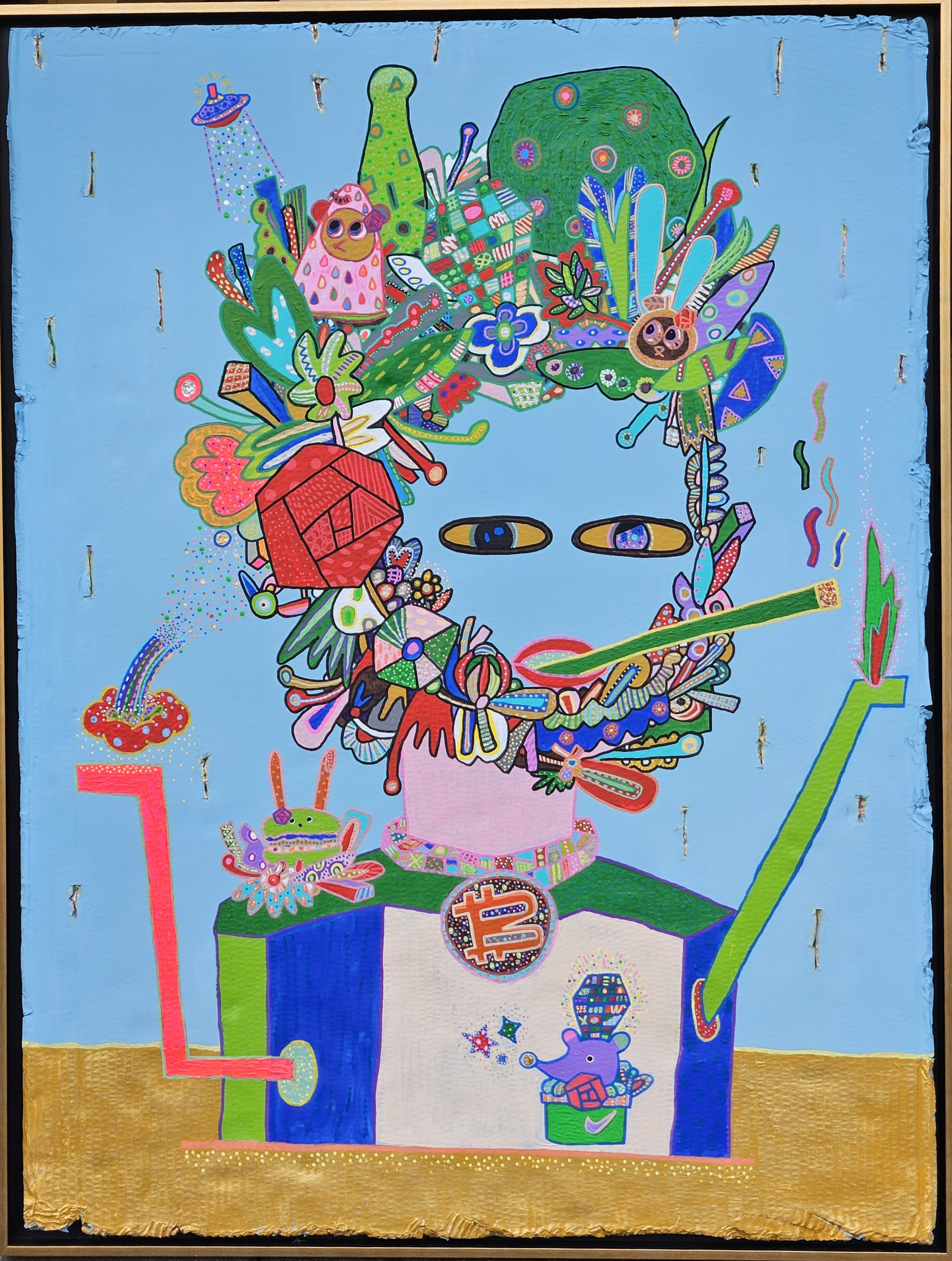 許願先生 - 幸福的樂園。Mr.makeAwish - happy paradise。Acrylic, metal foil, cardboard, Customized wooden frame Cm 98x 128 / 102.5 x 113.8 , 2024