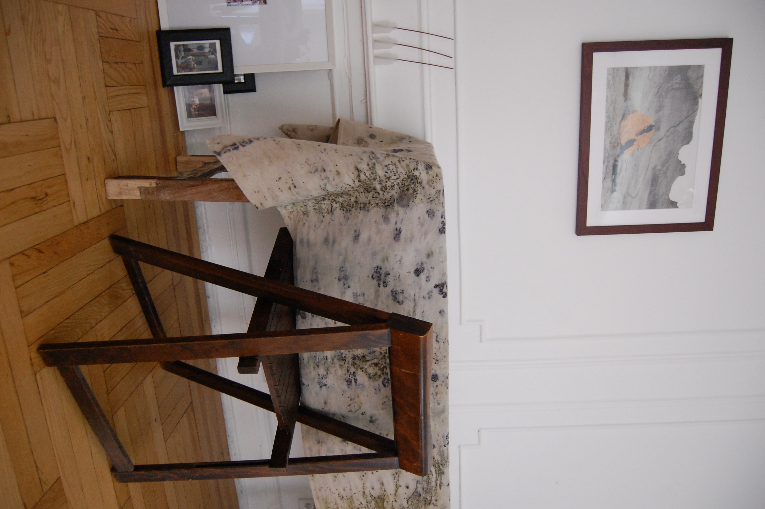Vintage linen tablecloth dyed with wedding bouquet.