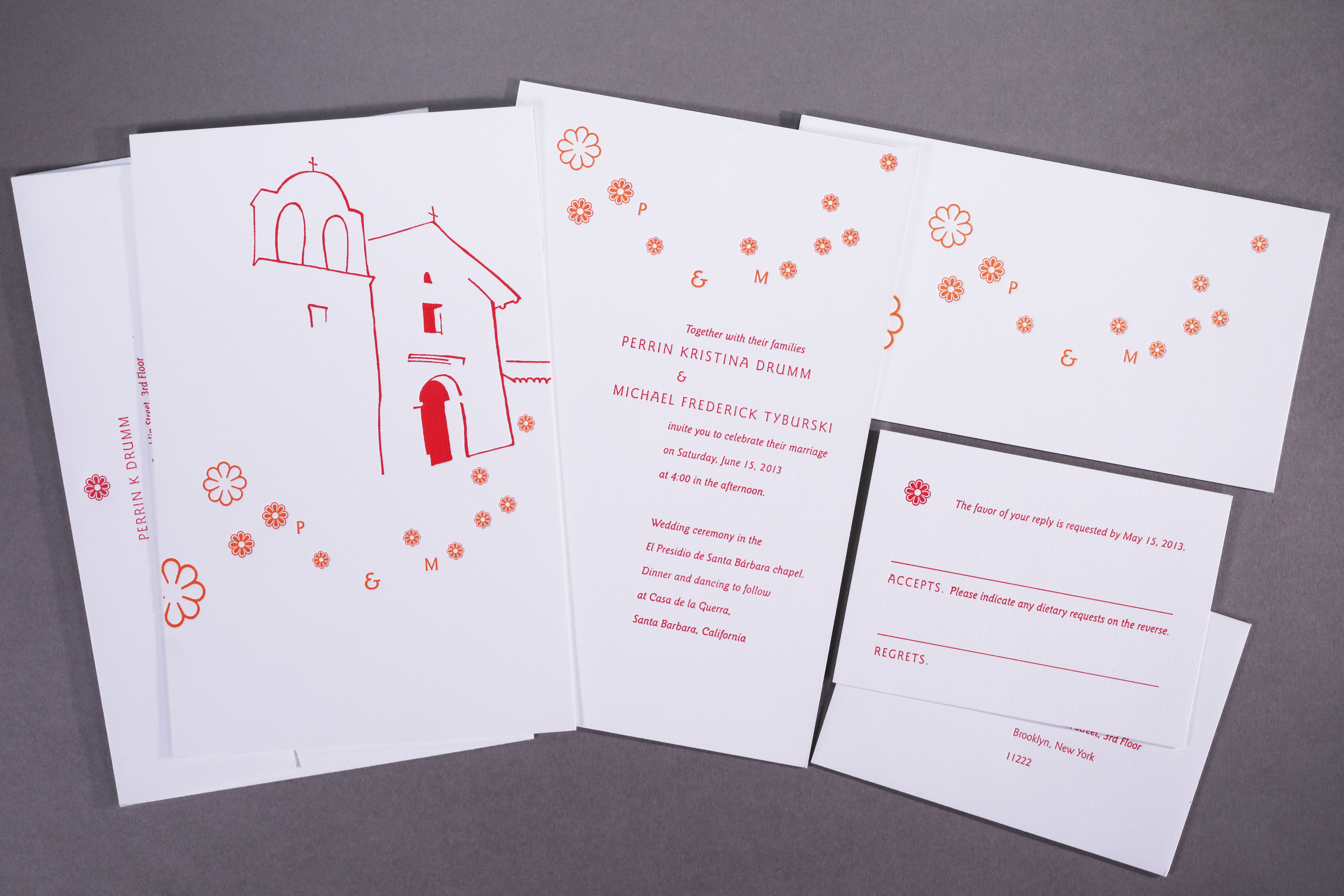 Perrin & Michael wedding invitation designed by Heidrun Mumper-Drumm.Letterpress in red and orange.Paper Savoy in brilliant white