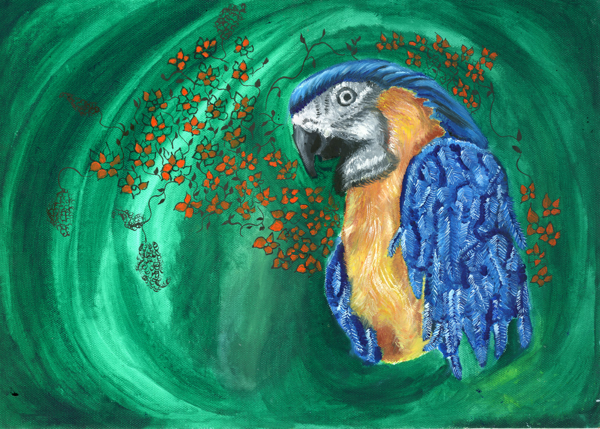 Perroquet, 2021, huile sur papier, encre de chine, 30 x 42 cm