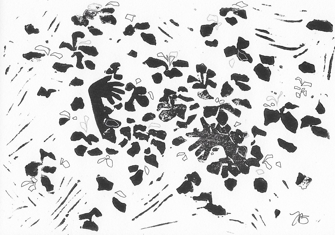 Plants give the best hugs, 2020, linoleum block ink print, 8.25”x6”