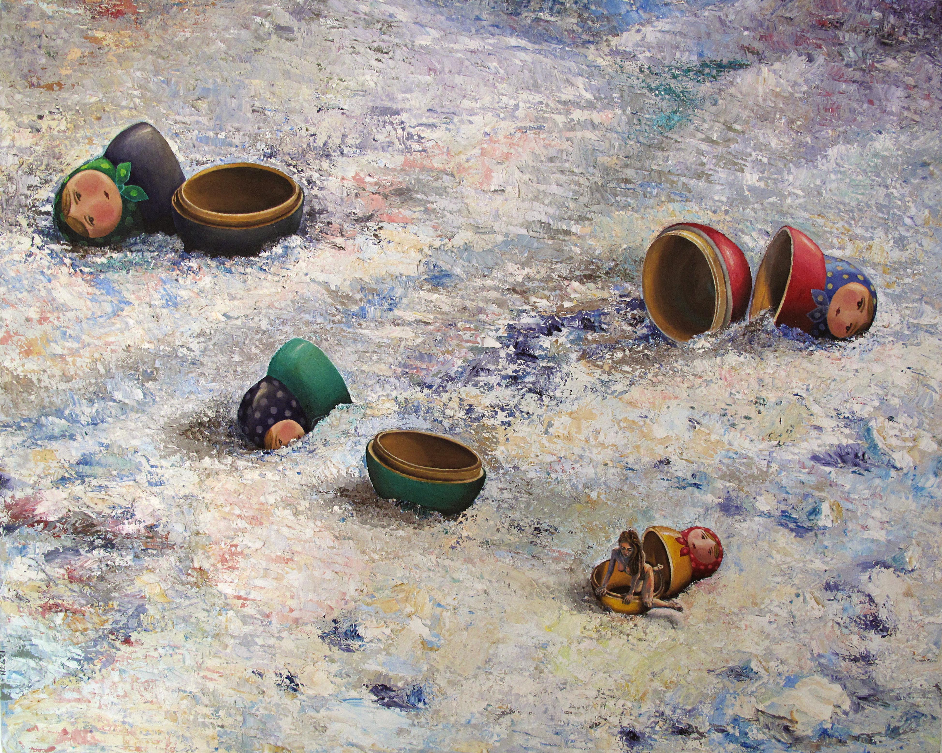 'Contemplation of a British woman emerging from a Matryoshka doll' - Oil on canvas 102x81cm