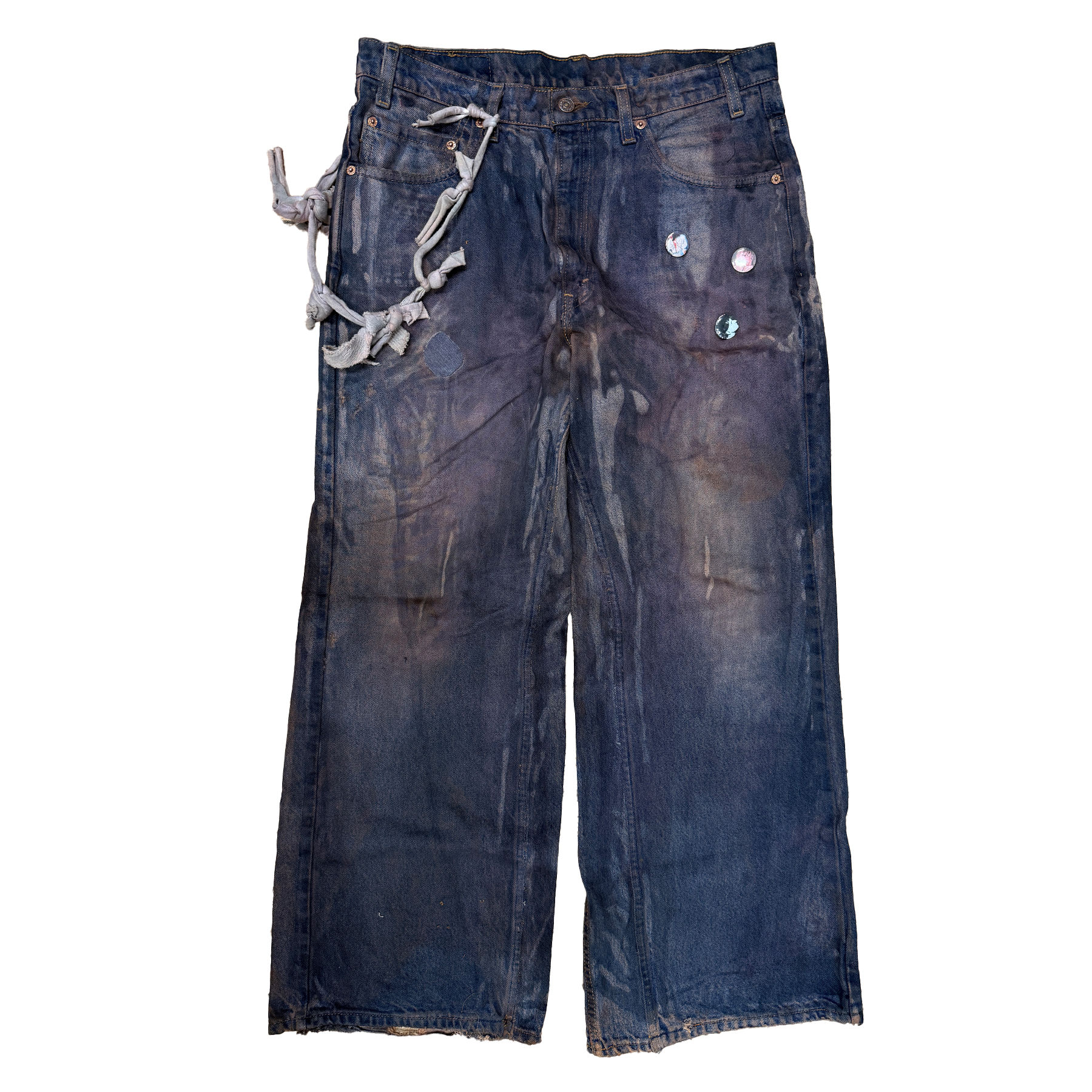 reclaimed vintage surplus denim screen printed with textile dye & various metals. tailored for straight/wide fit. fitted with custom keychain, scrap chain, and leather patches