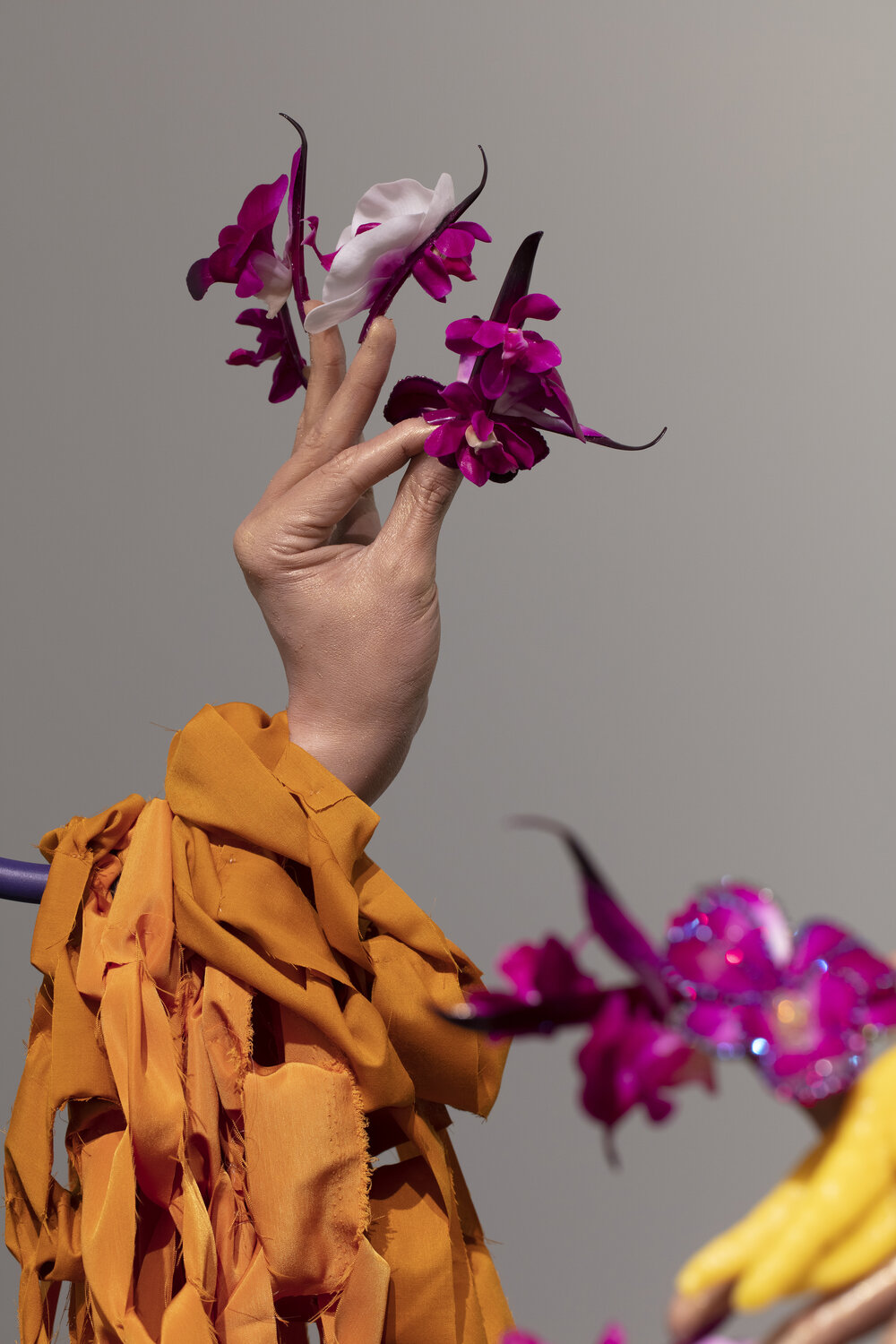 Nathan Beard, Limp-wristed Gesture (detail), 2020, silicon, found objects, acrylic nails, Swarovski Elements, cotton, wax, Fenty Beauty, Tom Ford Beauty, nail polish, painted steel, installation size variable.