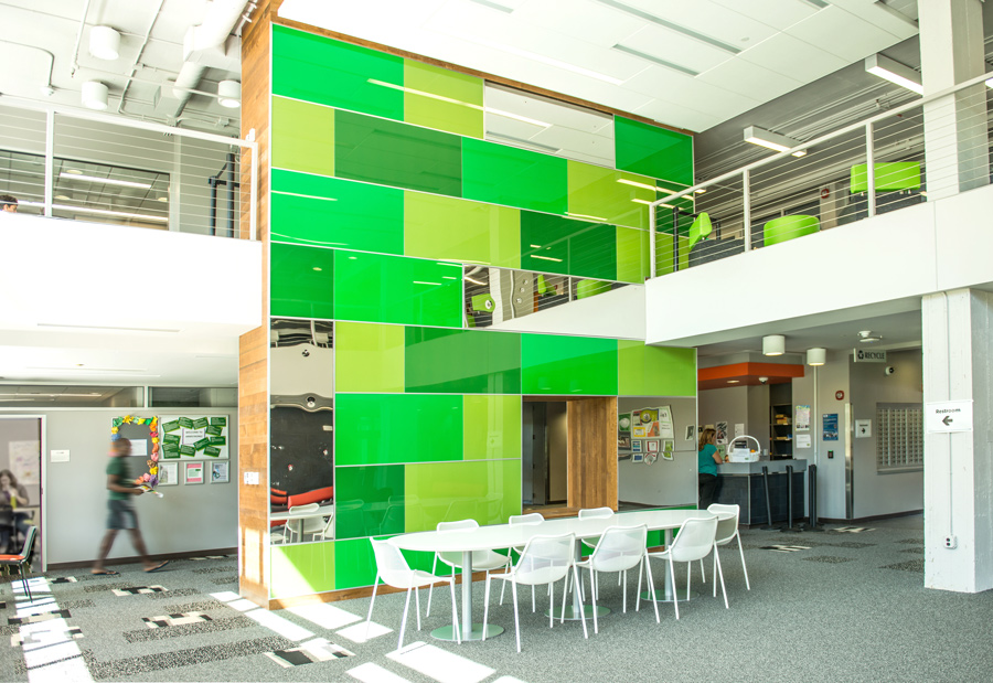 'Glass Like A Memory, Steel Like a Valentine' Permanent Installation at Michigan State University, 2013, feature wall 18x18ft