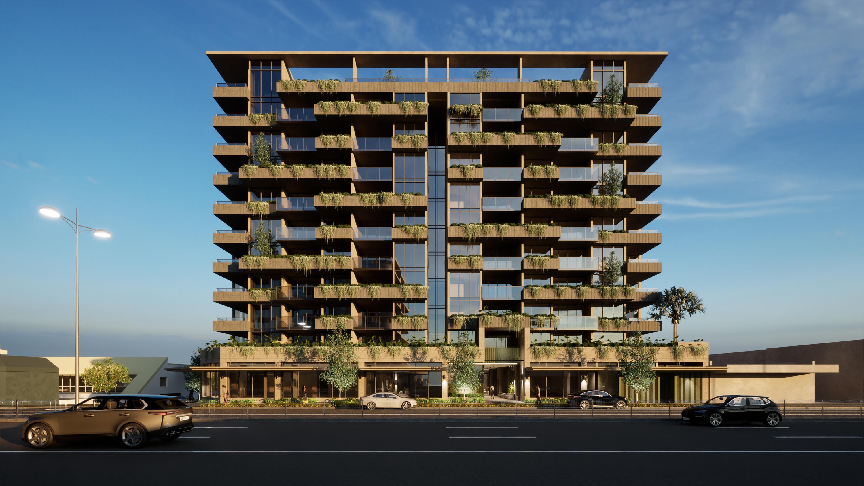 The front façade of Glenelg Residences as viewed from the Gold Coast Highway.