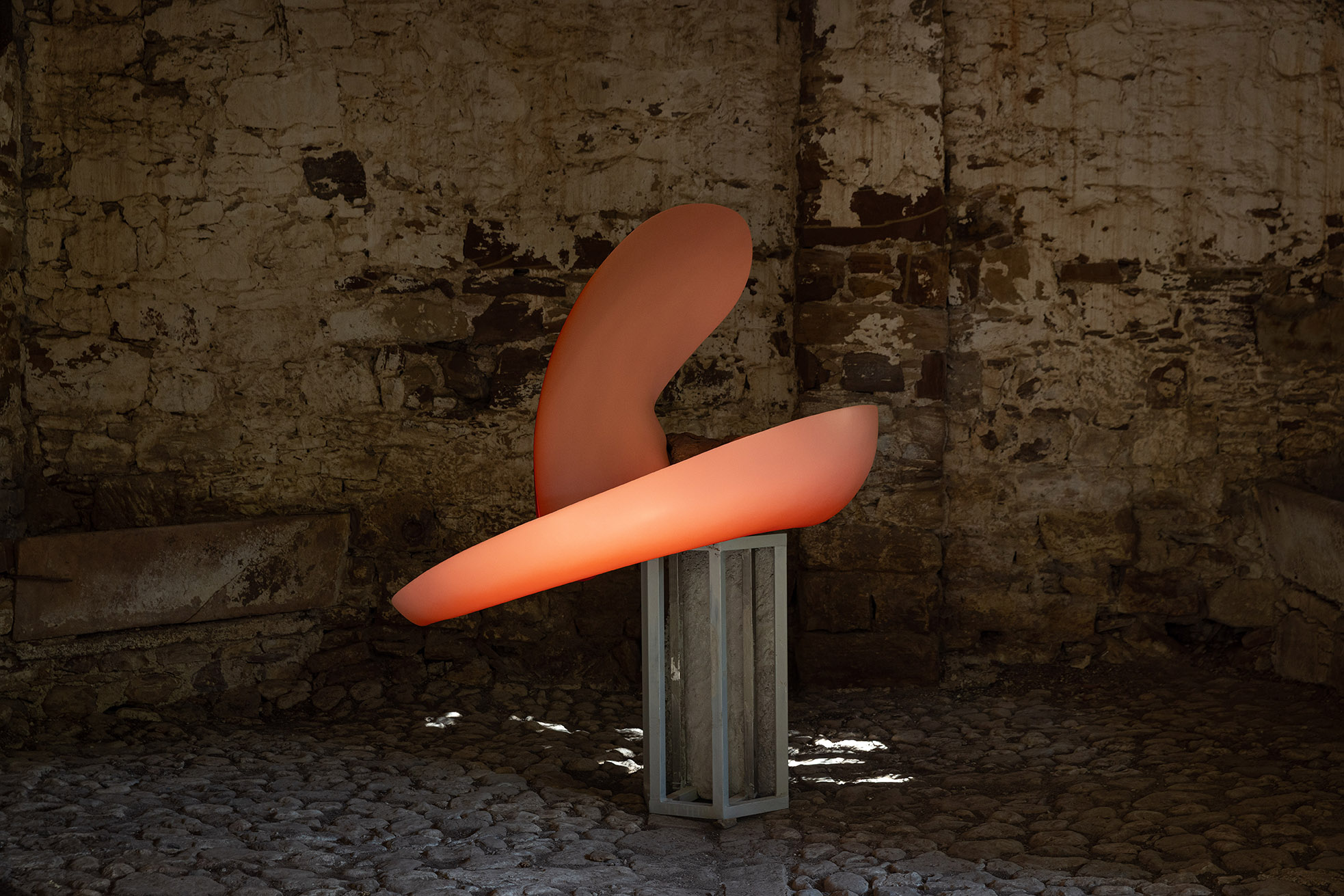 Teresa Solar,Tunnel boring machine, 2024, ONCE WE WERE GARDENS exhibition, 2025, DEO, Karavas Estate,Kampos, Chios Island, Greece, courtesy of the artist and Travesia Cuatro Gallery, photo: Nikos Alexopoulos