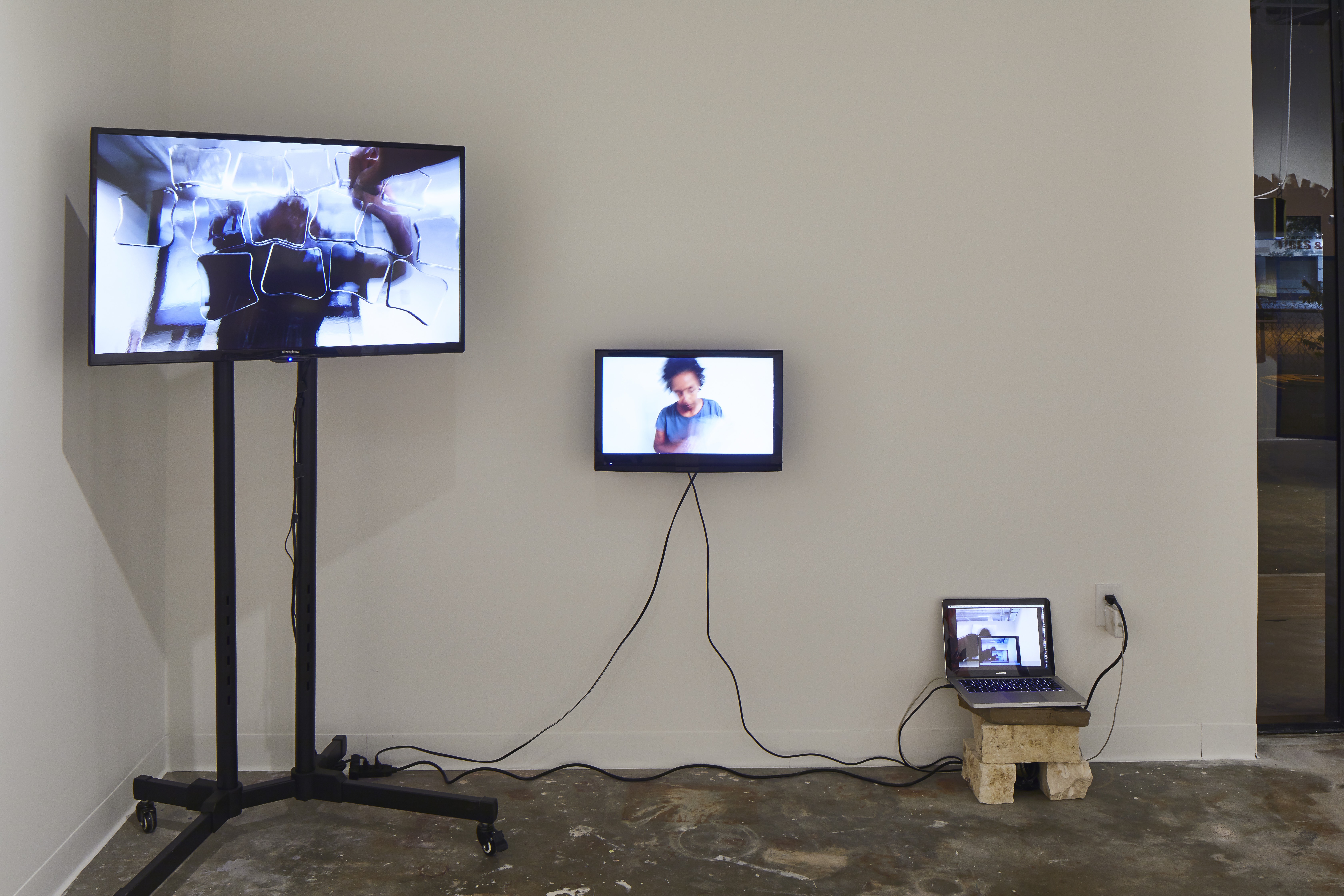 untitled (selfing exercise : polyindexical operation), 2018, 3 channel video installation color w/ sound, dimensions variable  installation view STAYCATION: thresholds exhibition MASS Gallery, October 26 - December 8, 2018, Austin, TX. Photo credit: MASS Gallery