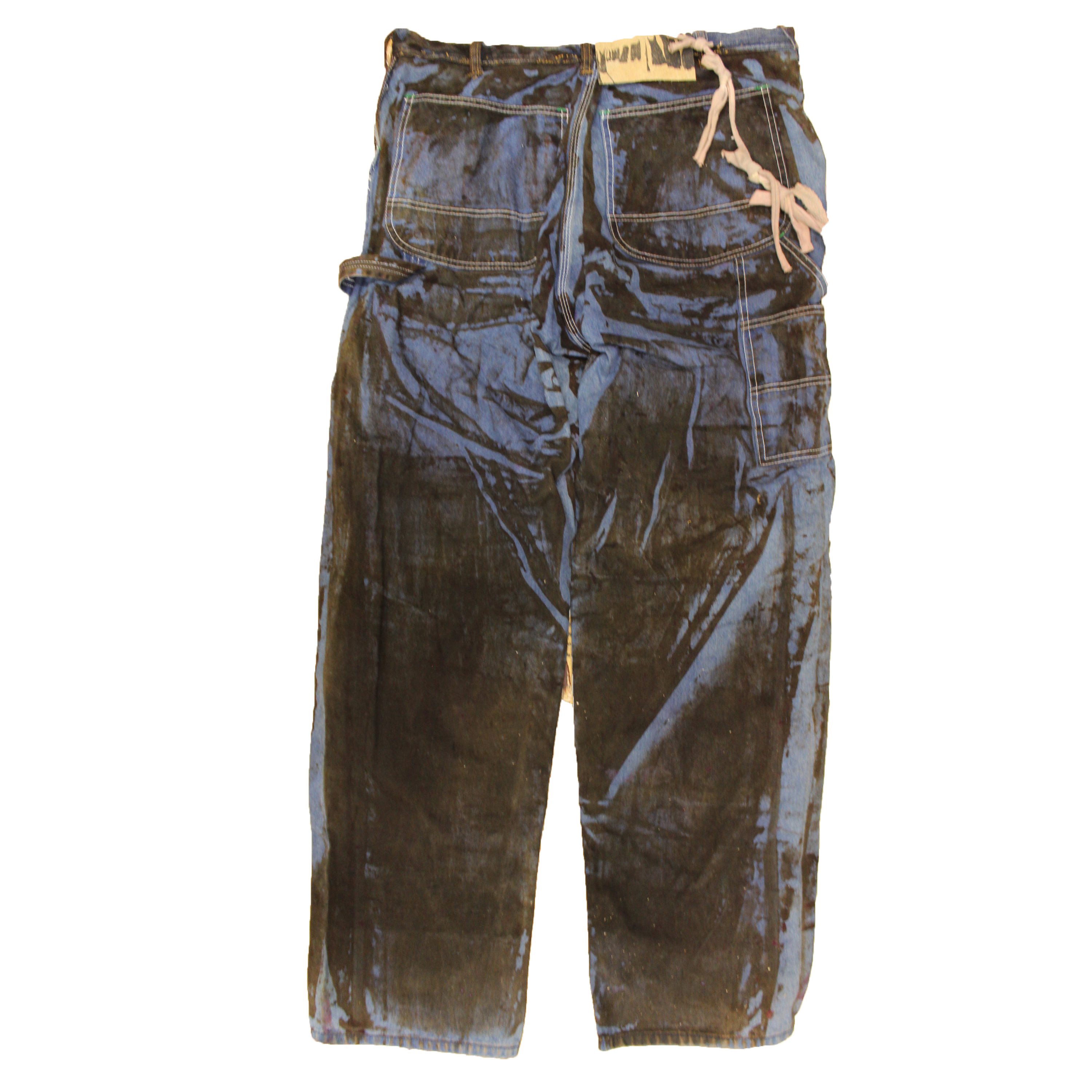 reclaimed vintage surplus denim screen printed with textile dye & various metals. tailored for straight/wide fit. fitted with custom keychain, scrap chain, and leather patches