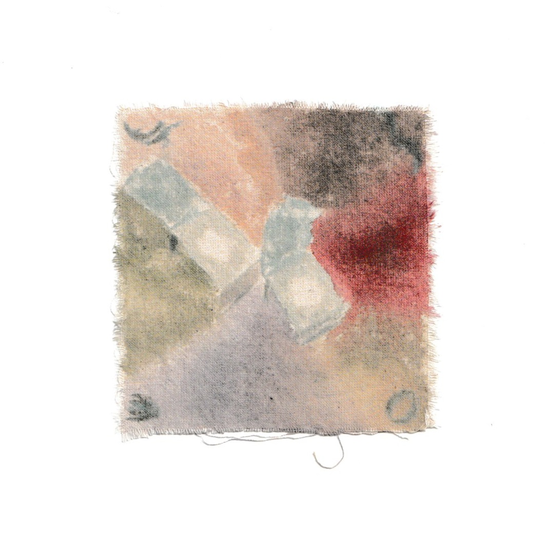 the contact lenses i leave behind everywhere i sleep   watercolour on linen, 11 x 11 cm   Sometimes I sleep at home, sometimes at my partner's house, and sometimes at my grandma's house where my studio is. Little curled up dried plastic lenses that have been pressed into different shapes at the end of the day don't always find the bin (I've got really bad eyesight, -6.00, and get through daily contact lenses like water). I once apologised for the contact lens cases I left behind the last time I was there and was reassured they're like a little friendly footprint of my presence. 