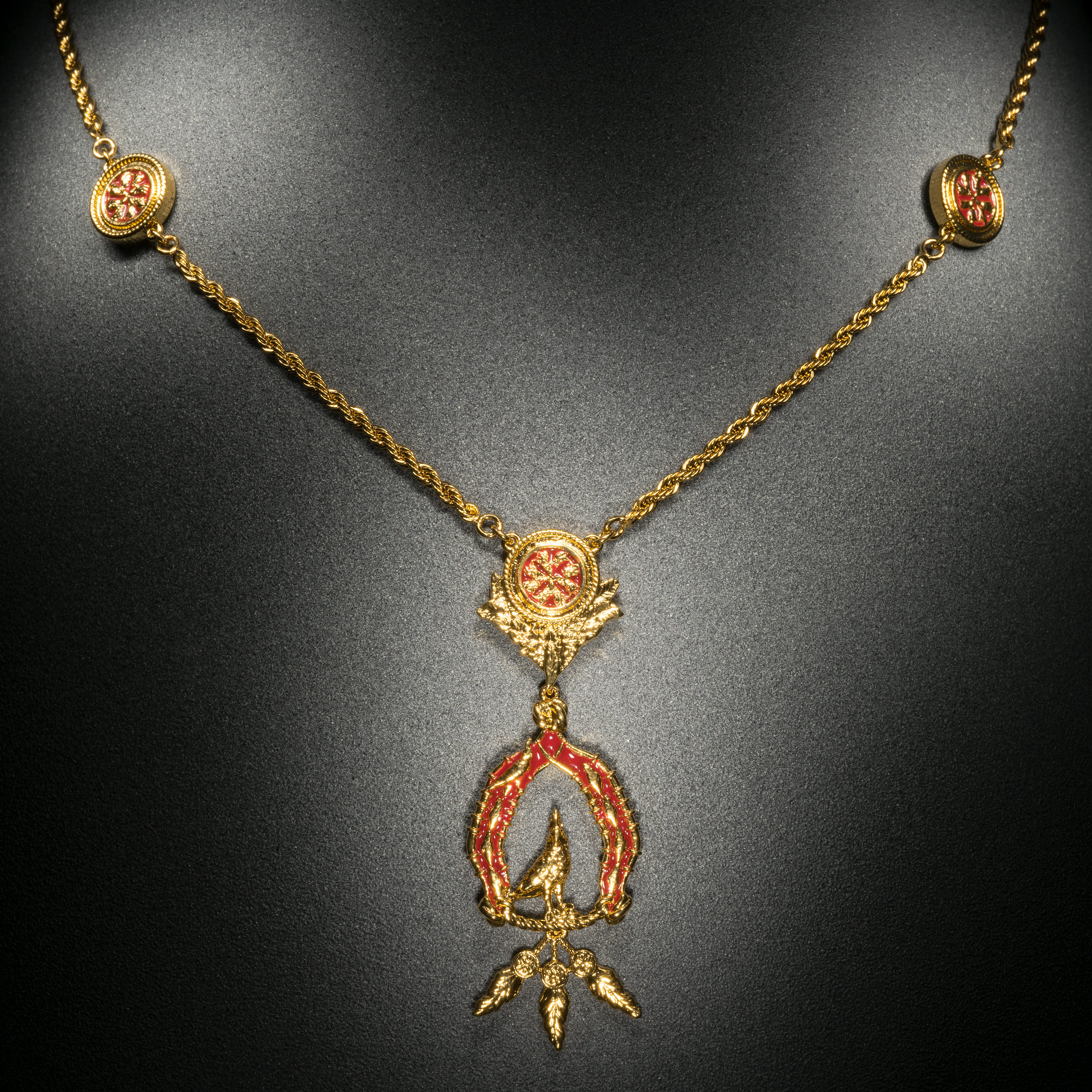 Vigor Necklace with Feathers Gold and Red View 1 by Angela Mia