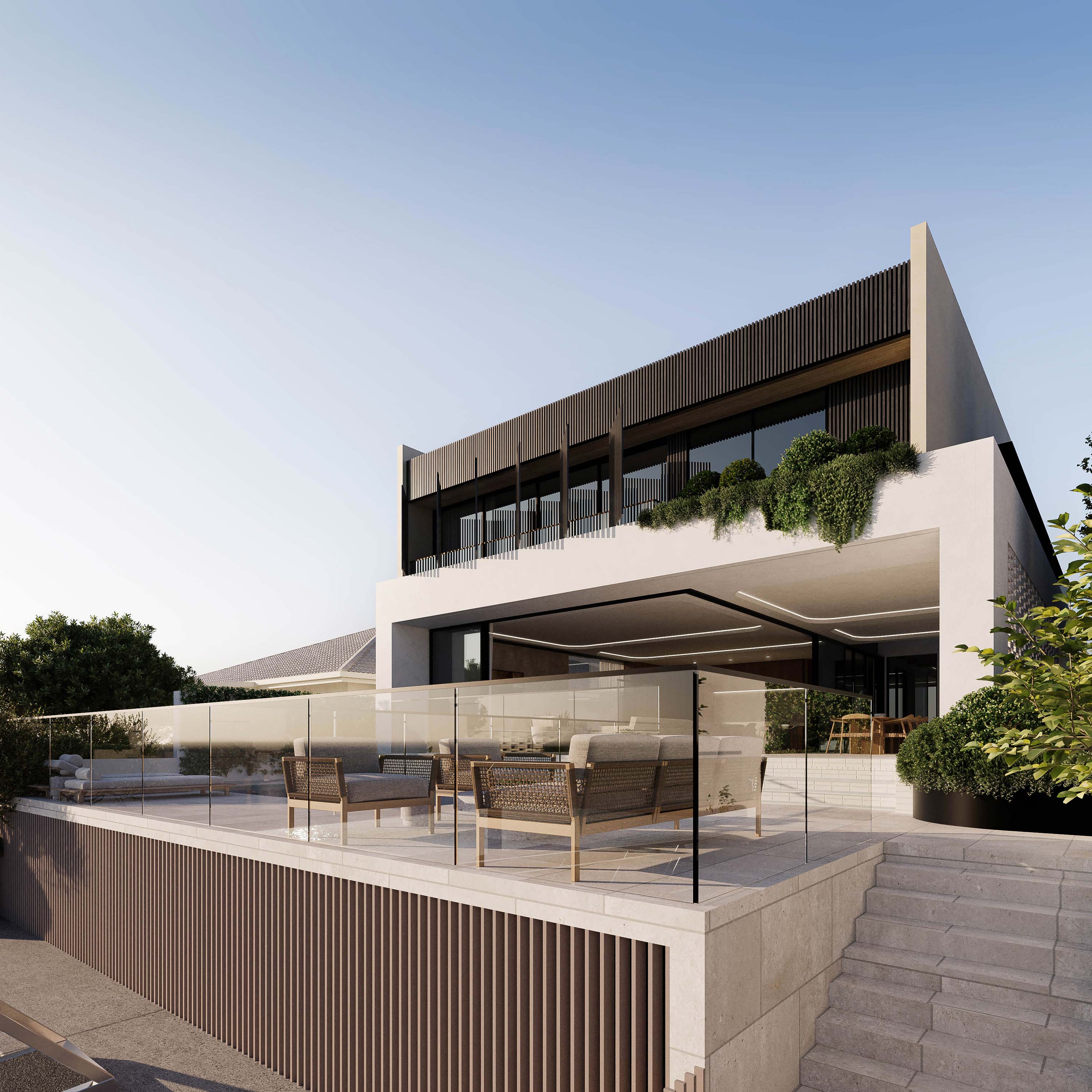 Contemporary subtropical home with riverside outlook, luxury pool design, and shaded terrace for modern coastal living.
