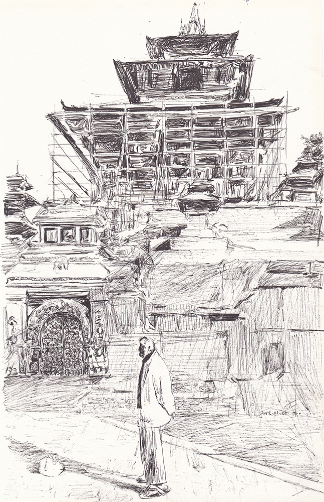 Old man and temple in Kathmandu, 2018, pen on paper, 24.1*17(cm)