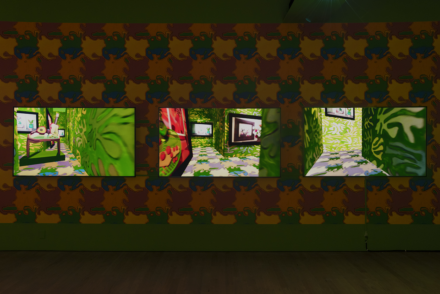 Joyful Noise, 2020, Custom augmented-reality wallpaper, custom augmented-reality software application, tablet, dimensions variable; The Ruins, 2020. Three-channel video animation (color, sound), three screens or projectors, three media players, speakers, dimension variable 10 min, loop