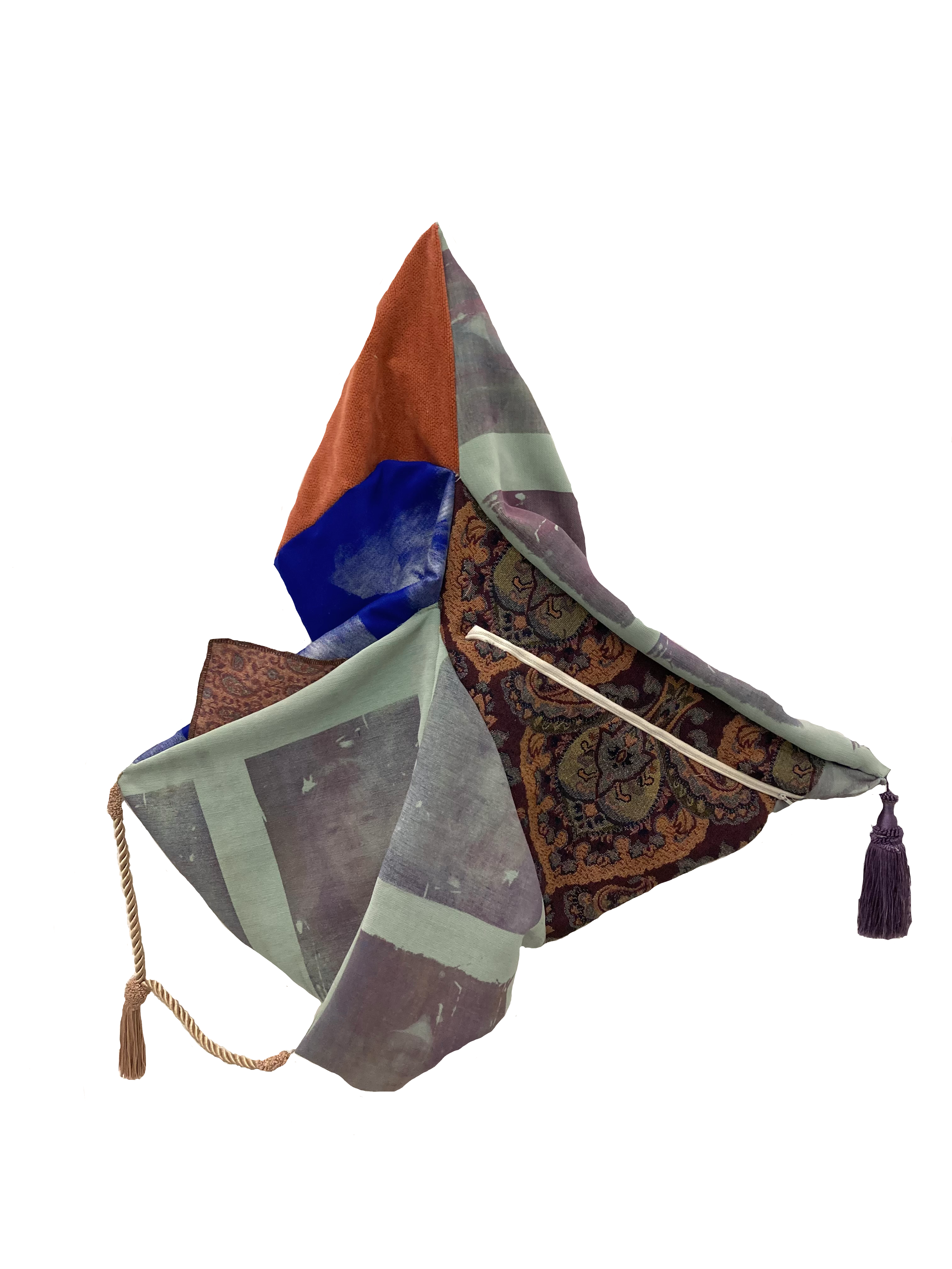 Self portrait, 2023, screen print, velvet, upholstery, zipper, tassels, fabric and thread, 24 x 18 in