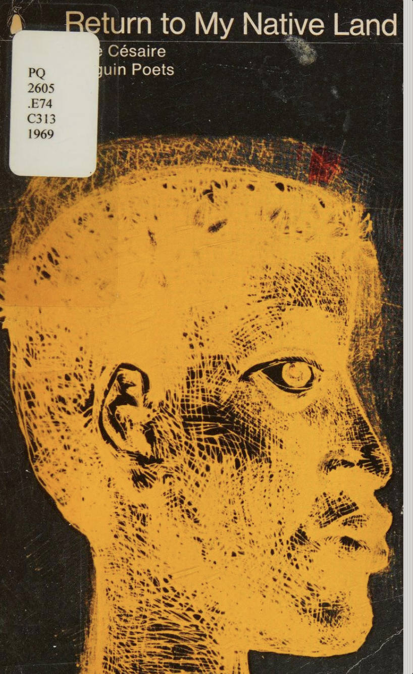 the book cover of 'Return to My Native Land' featured a woodblock portrait of a person looking to the right of the page. The portrait is printed in yellow ink on a black background.