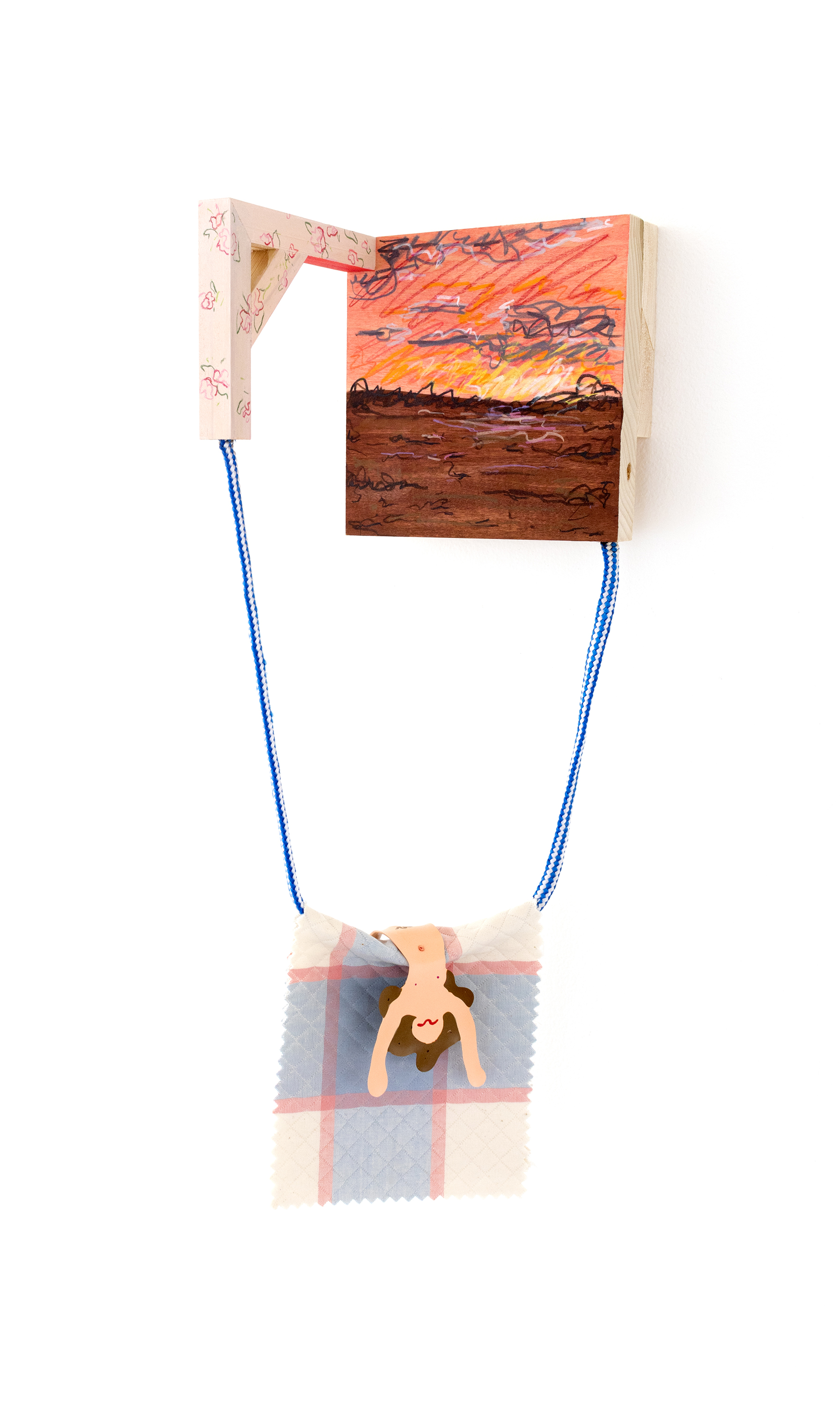 Sun Worshiper, 2018, 17.5&rdquo; x 6.25&rdquo; x 5.5,&rdquo; acrylic, prismacolor pencil, rope, fabric sample, and embroidery floss on pine, in collaboration with Justin Korver