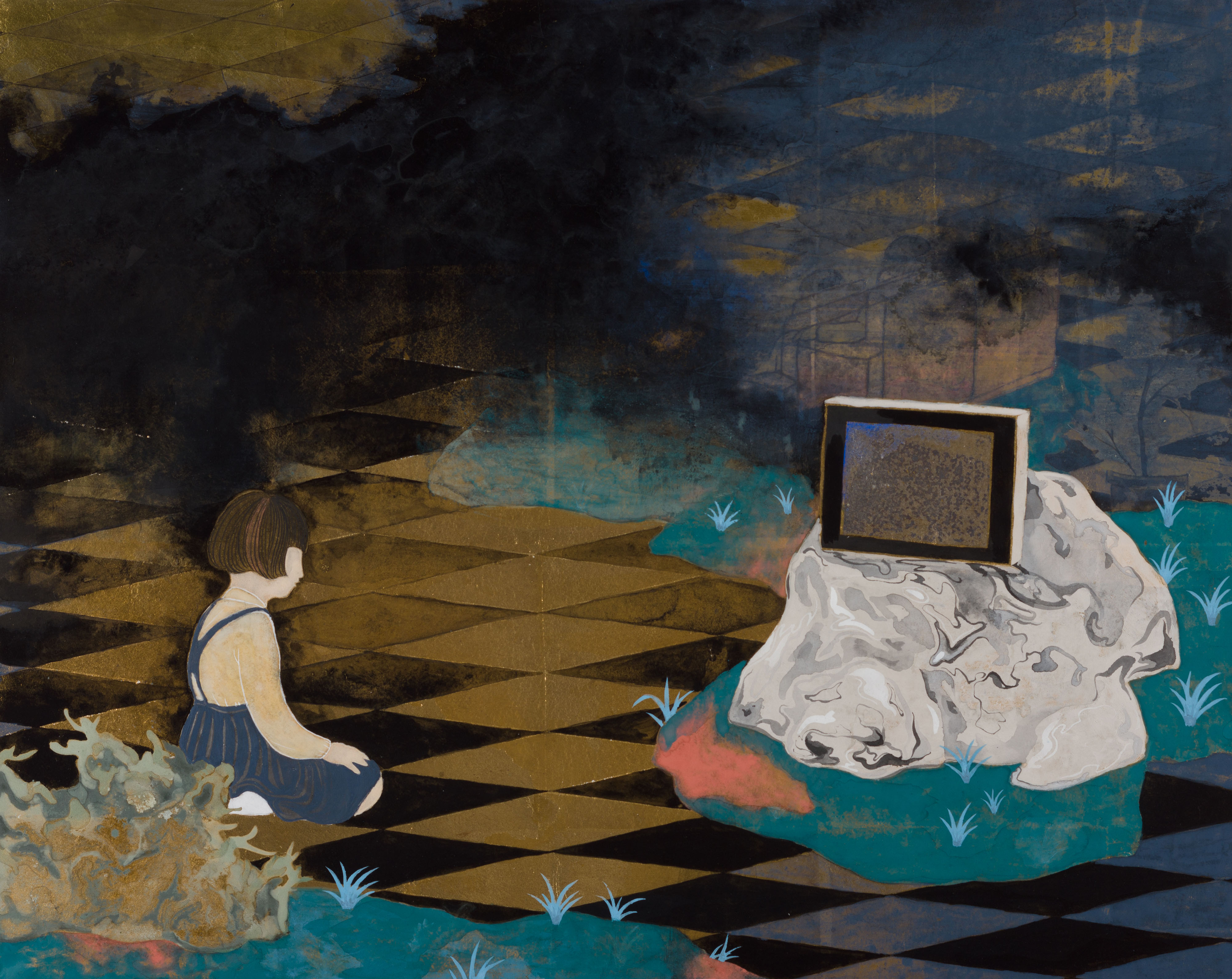 Watch TV, 2013, mineral pigments on metal foil 54x43cm