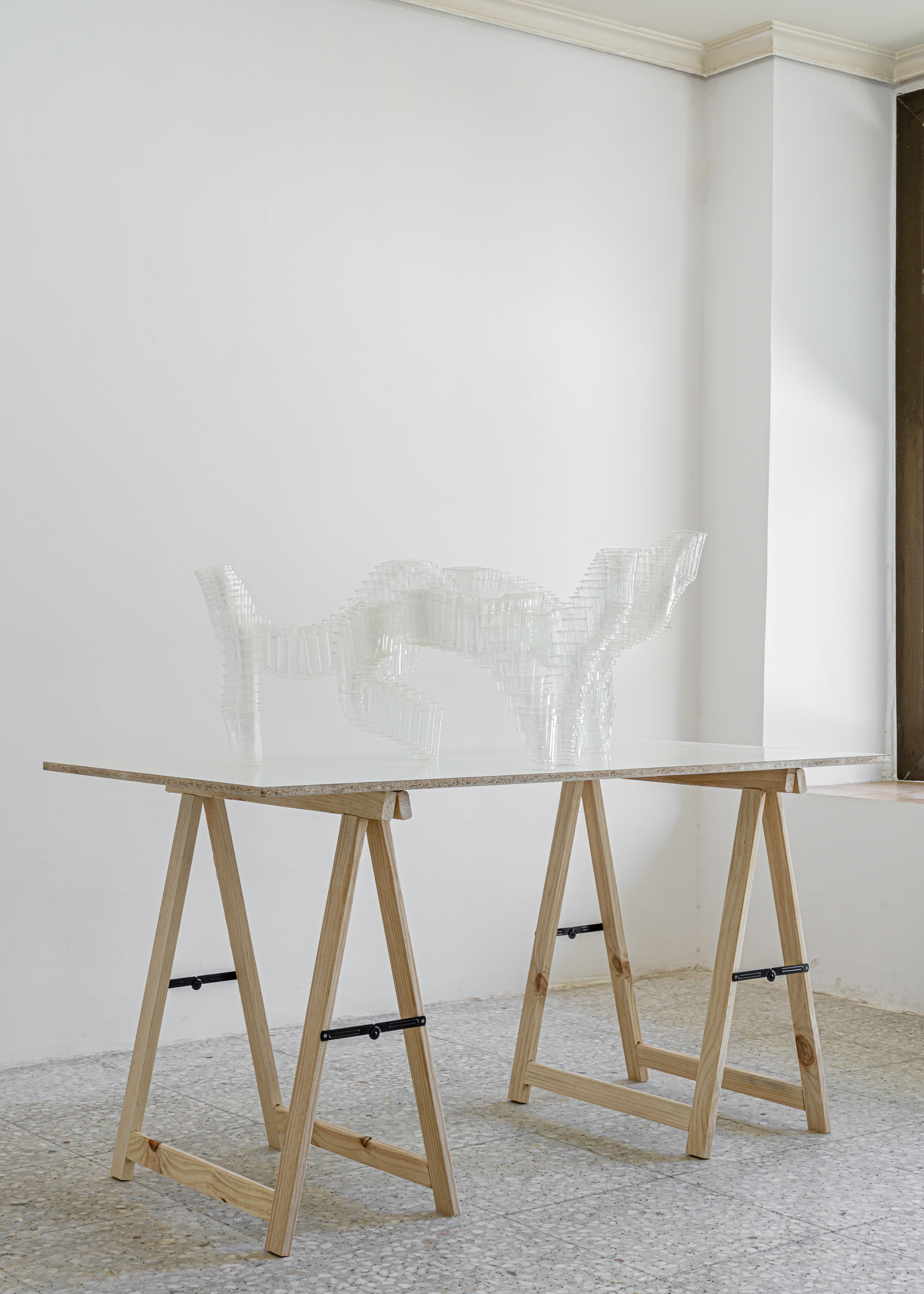 The London Toast, 2025PET Plastic cups, acrylic paint, silicone.48 × 120 × 66 cm.Installation view at Por, Digestivo, Madrid, 2025Photo: Alejandro Cayetano