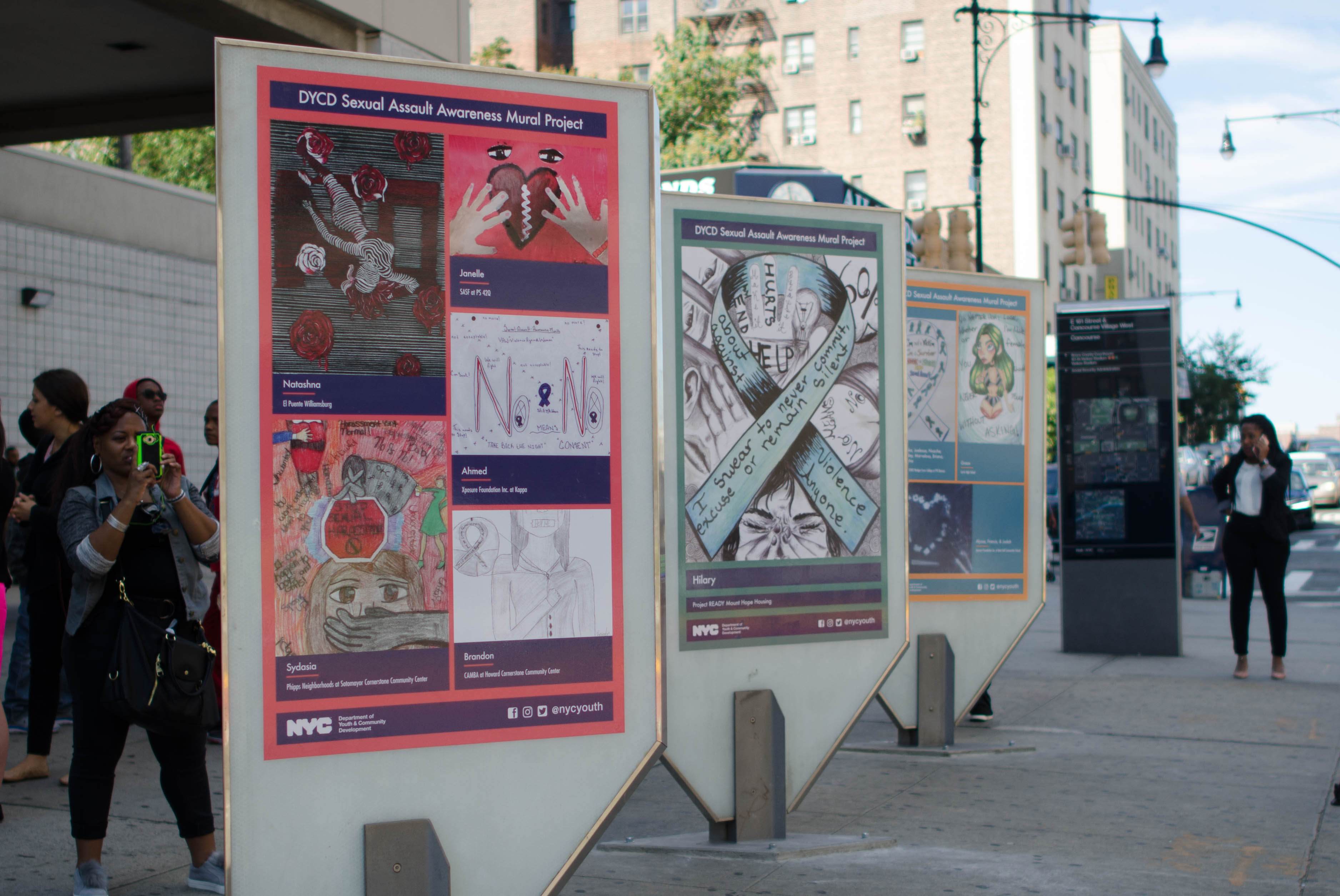 Design of three art display cases created in collaboration with DYCD and DOT Art displayed in front of the Family Justice Centers in the Bronx.