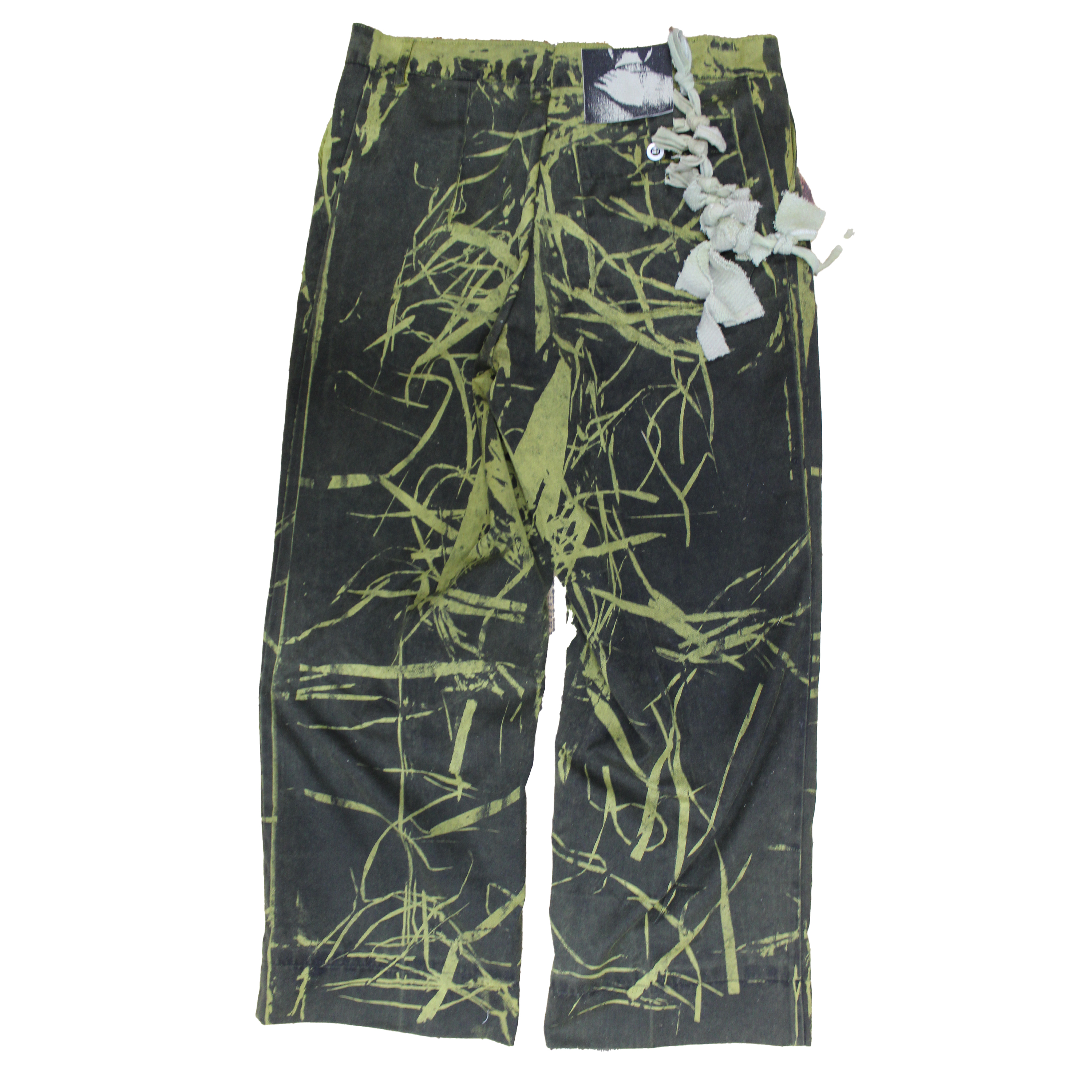 reclaimed vintage surplus denim screen printed with textile dye & grass resist. tailored for straight/wide fit. fitted with custom keychain, scrap chain, and leather patches