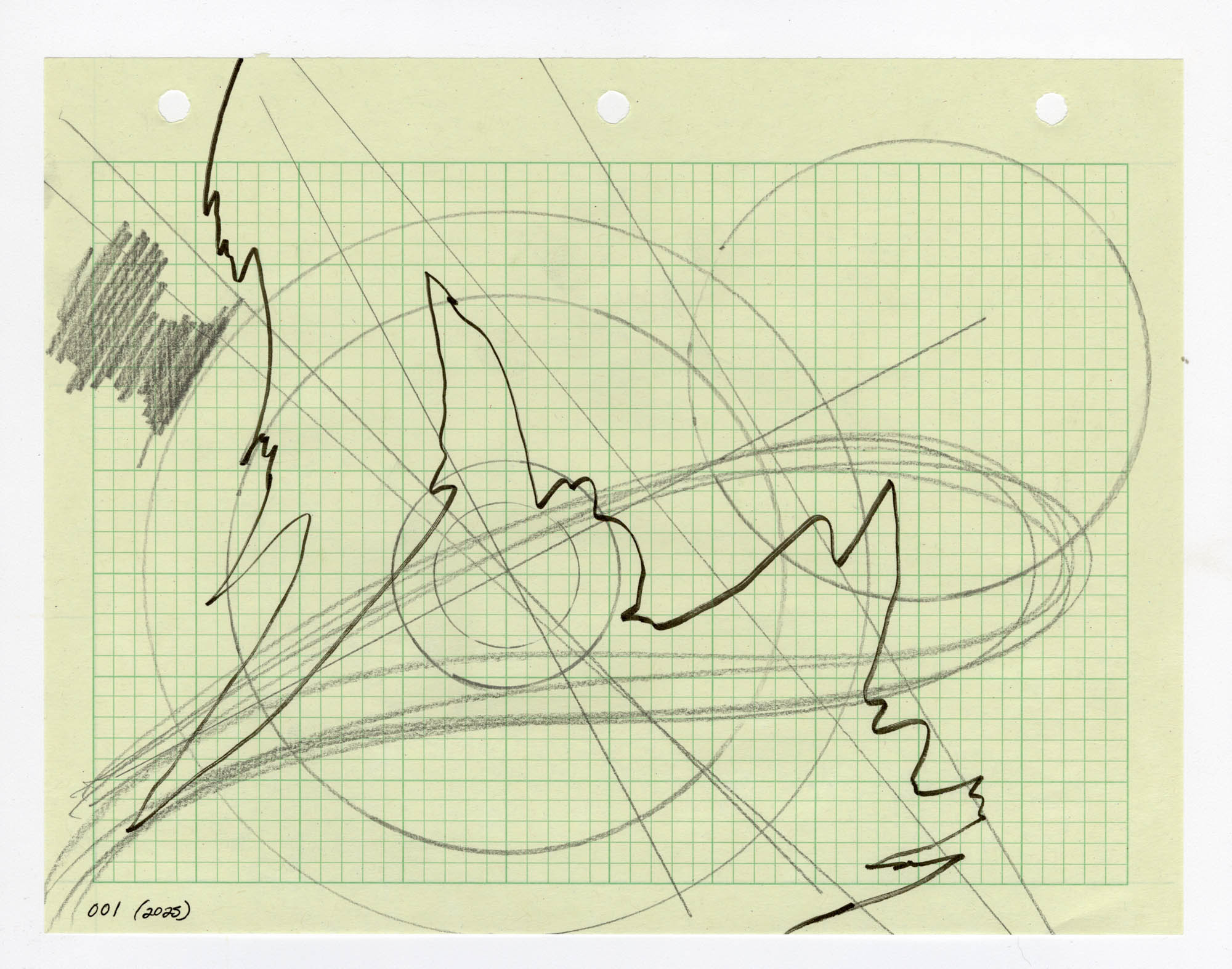 001. 2025. Graphite and marker on graph paper. 11" by 8.5"