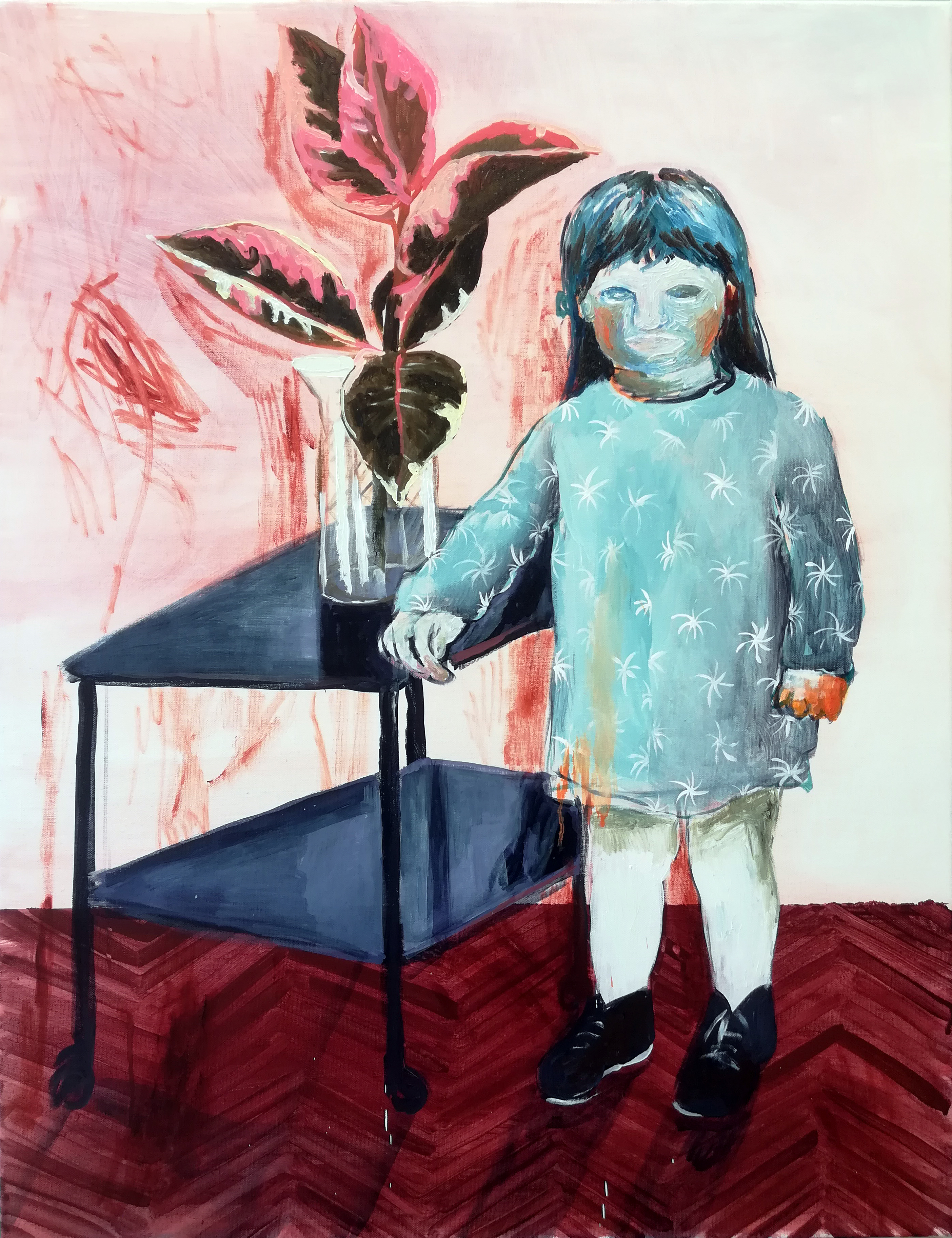 Girl with a pink plant, acrylic and oil on canvas, 900/70 cm
