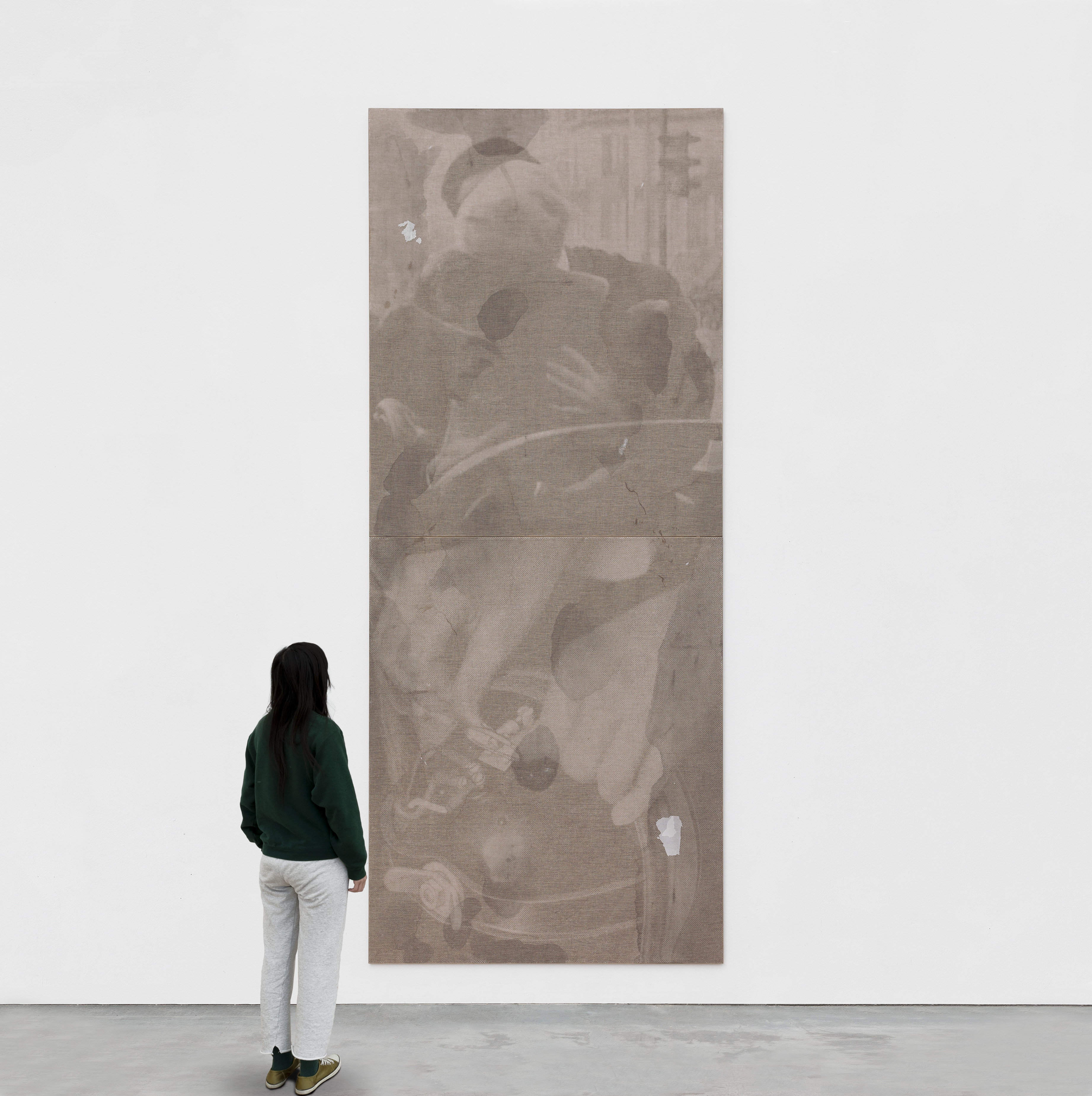 Stain & Repair (Handle with care, 2023. Inkjet print on cotton canvas covered with a layer of raw linen with water stains, ink, glue, tissue paper, glass cleaner, pencil, tippex and felt-tip pen. 390 x 163 cm.
