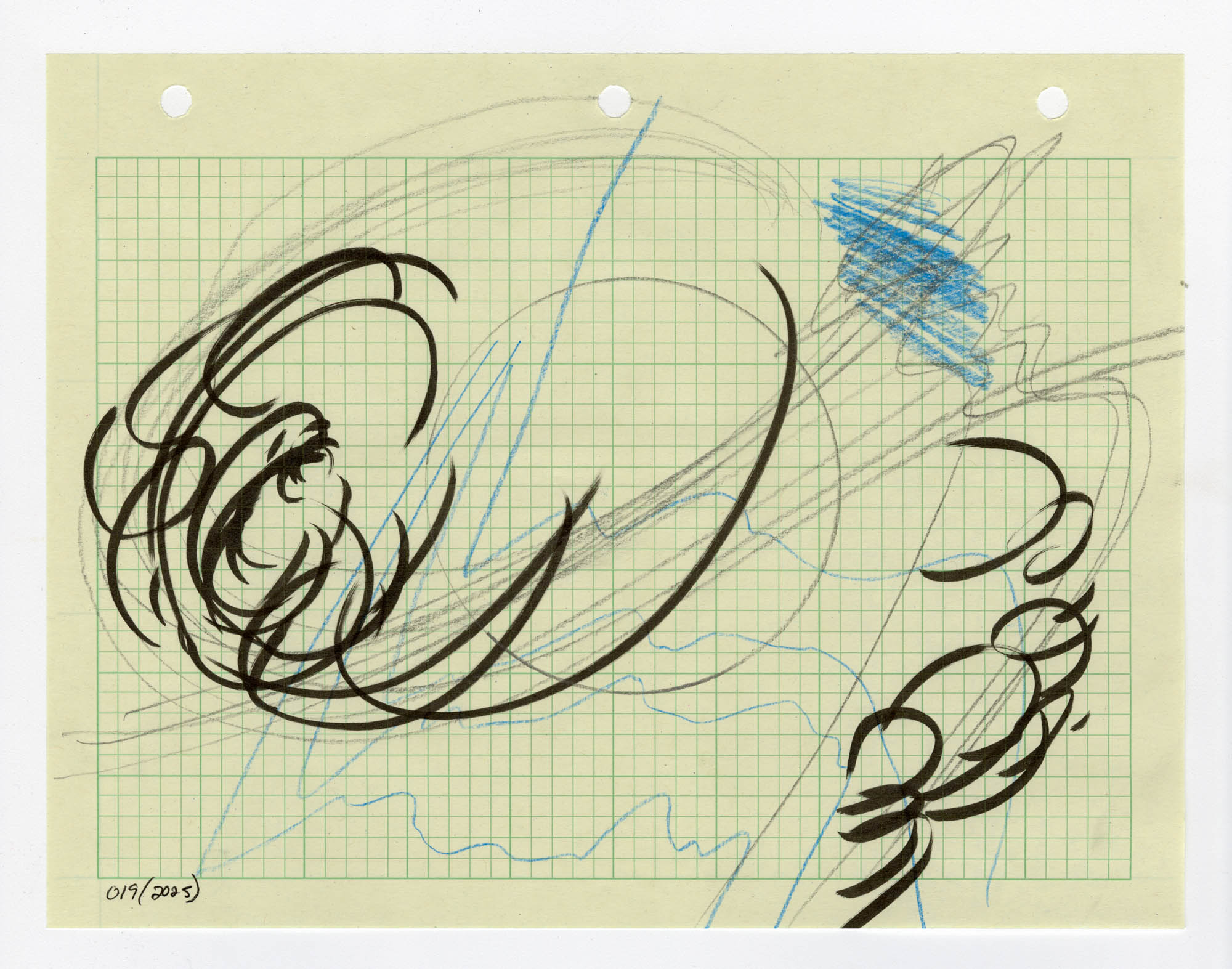 019. 2025. Graphite, colored pencil, and marker on graph paper. 11" by 8.5"