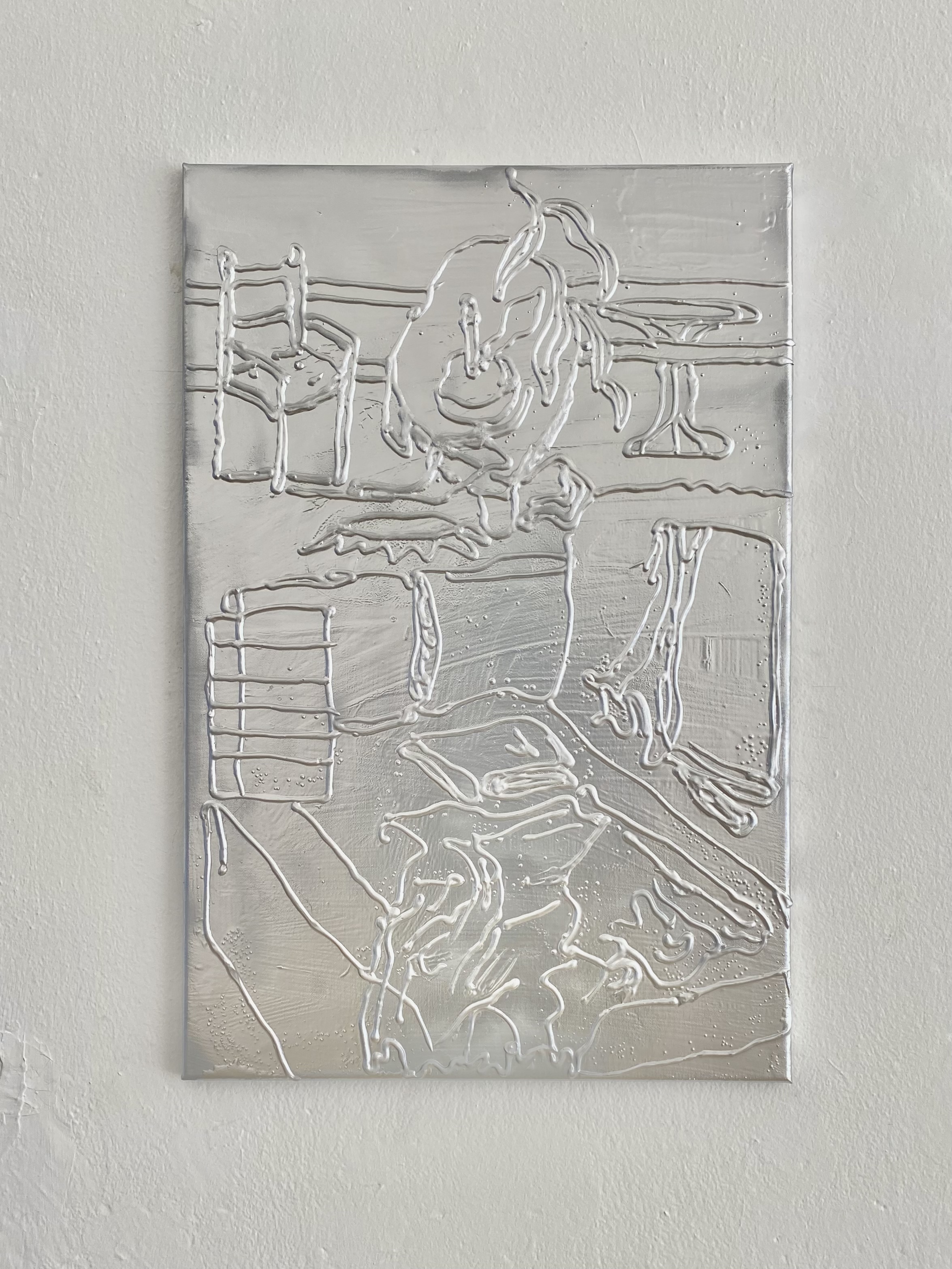Interior #2, 2021, Encaustic, acrylic and silver-chrome spray on canvas, 76 x 50 cm