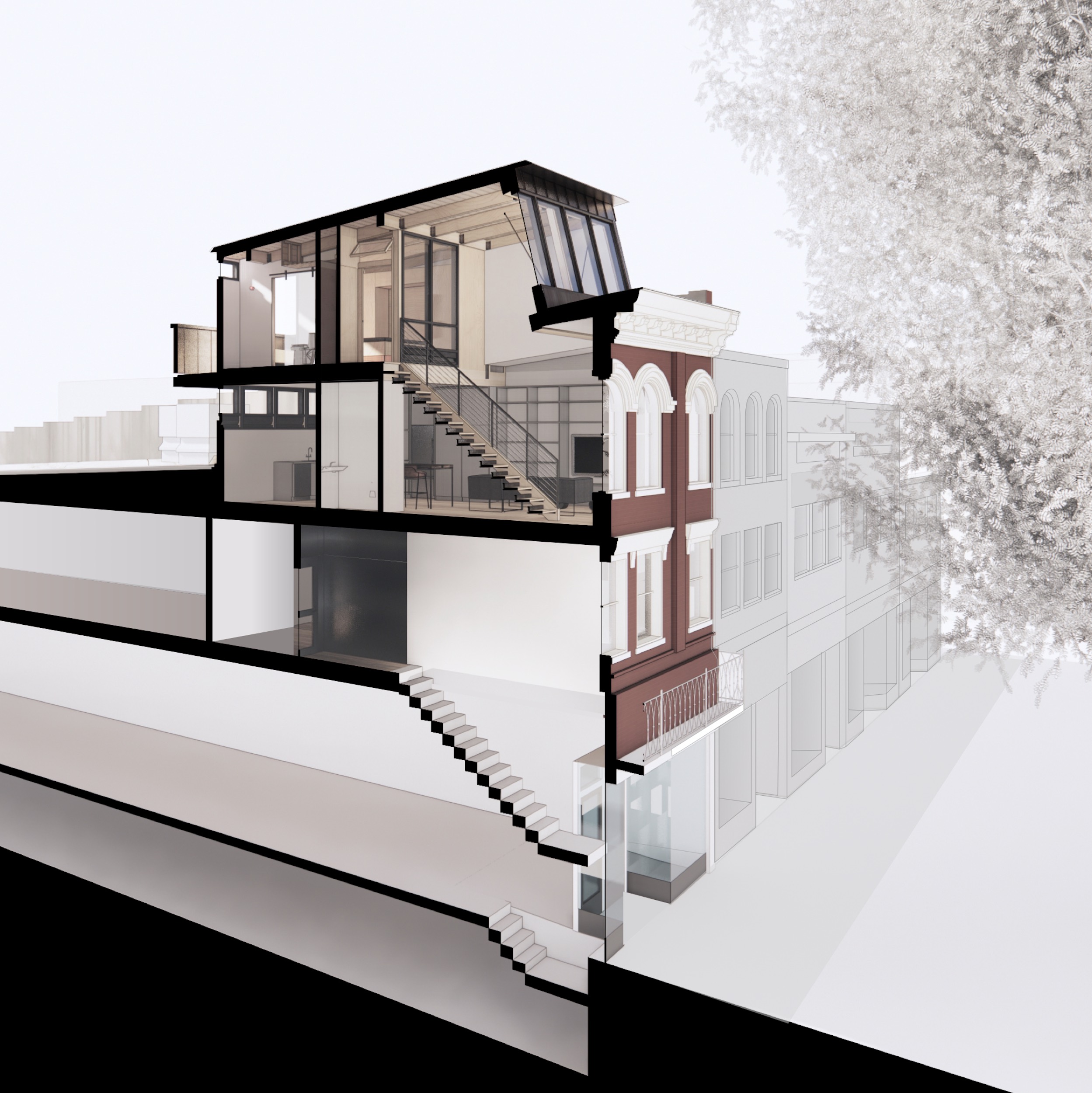 Entry Stairs CT Scan Perspective | Charlottesville Loft Apartment | PARABOLA Architecture