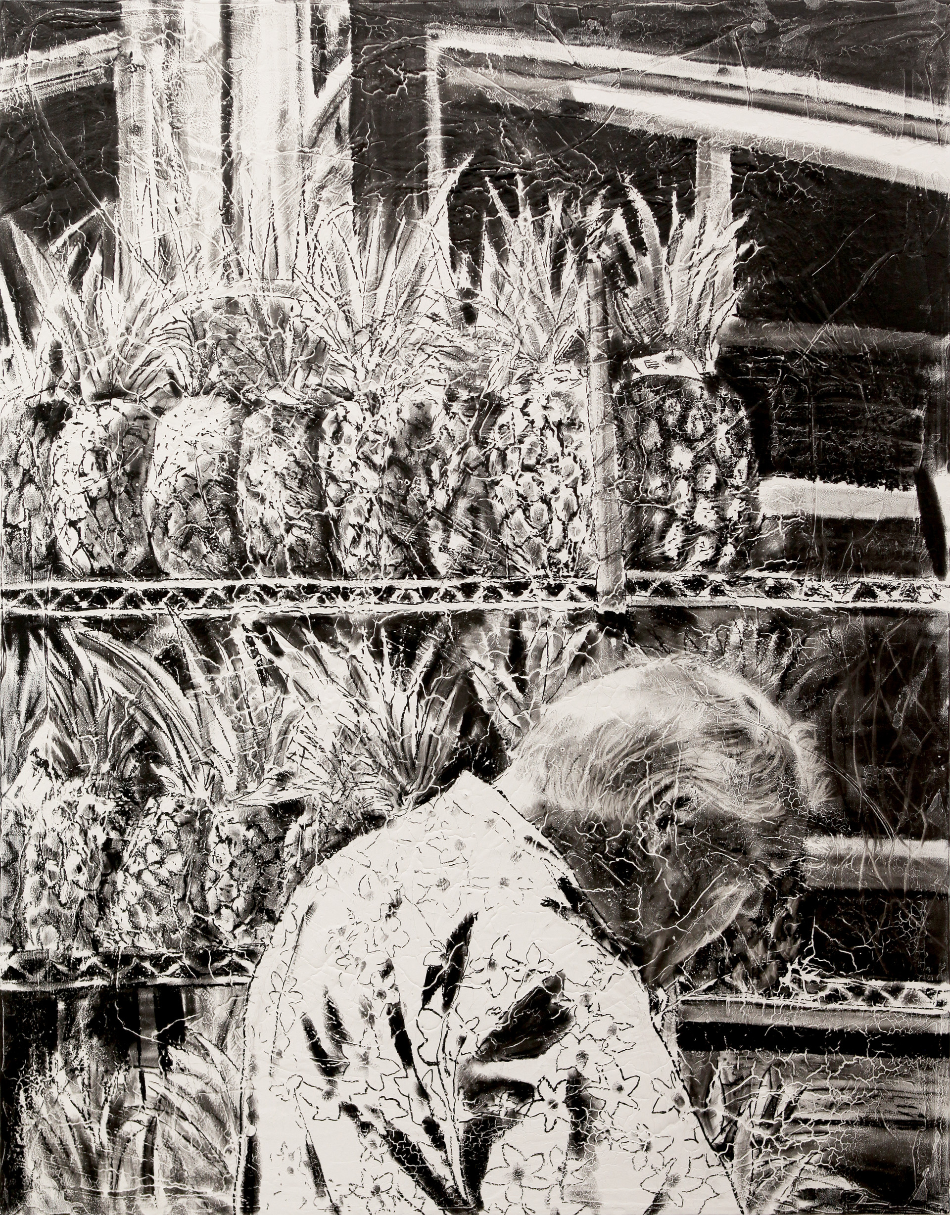 Old man at the pineapple truck, 2018, charcoal industrial paint on abandoned canvas, 116.7*90.9(cm)