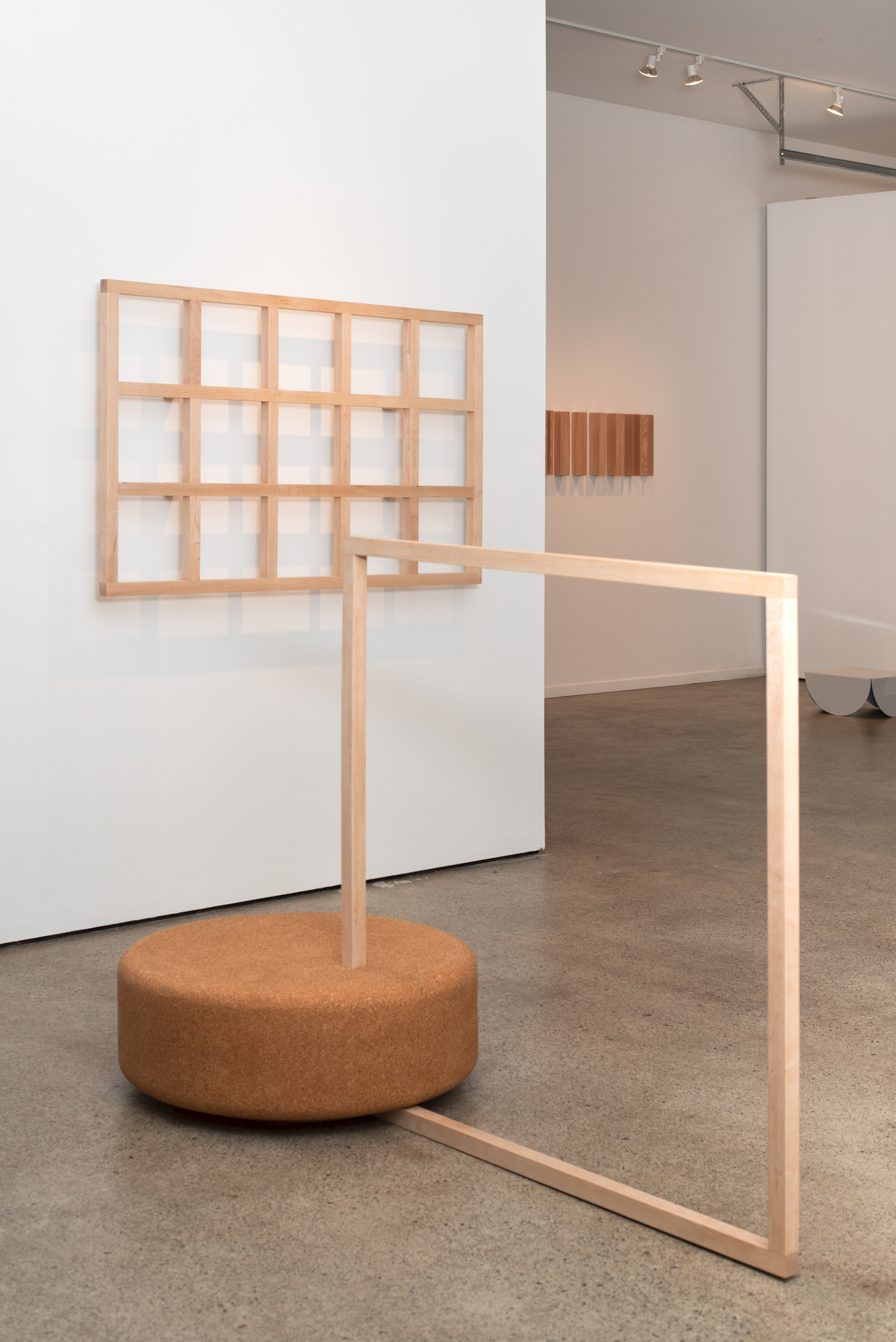 fruitsuper, WALL: Grid, Maple, 36 x 58 x 5.5 inches, 2019 FOREGROUND :Frontier, Maple, cork 49 x 68 x 32, 2019