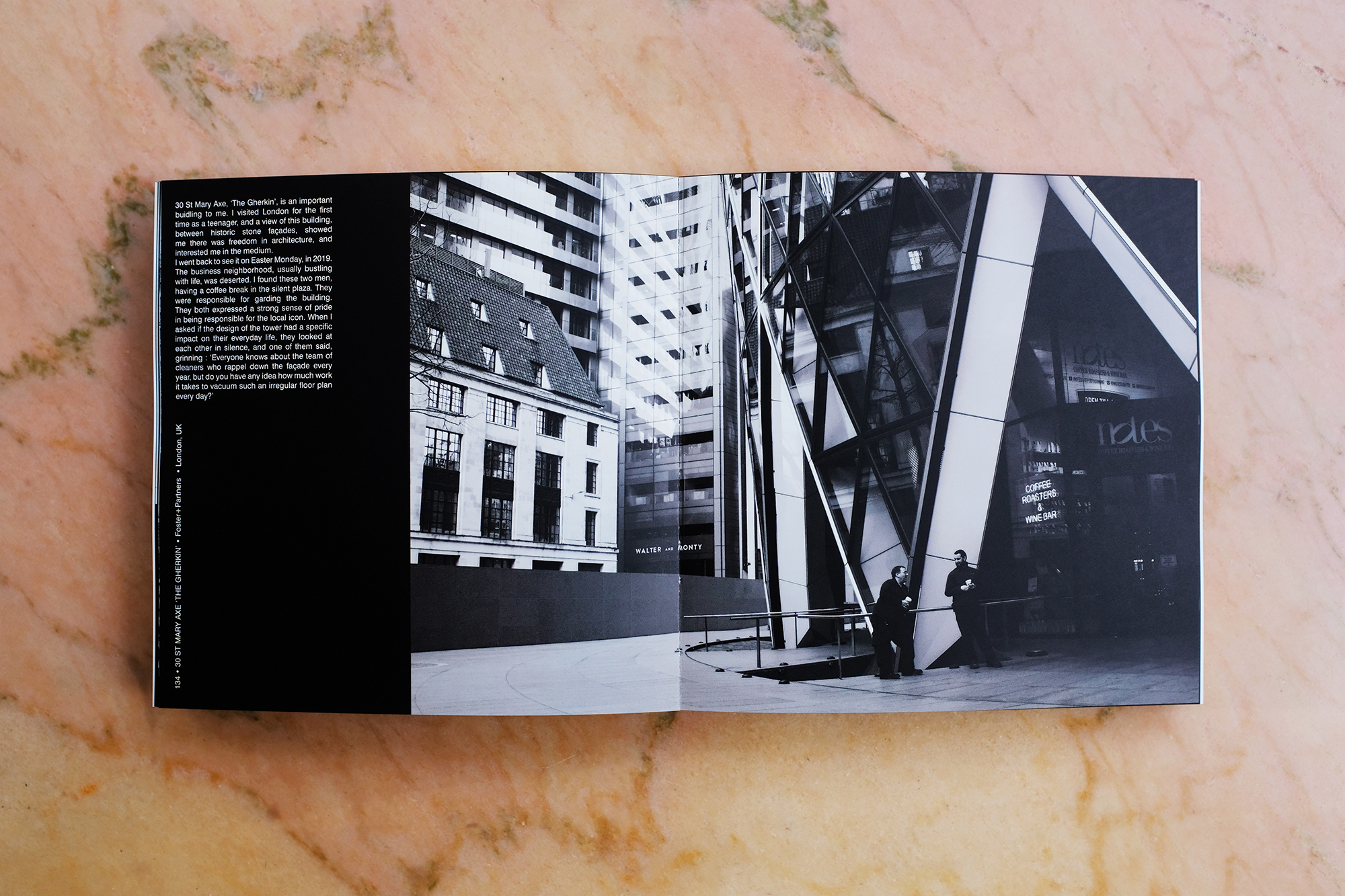 Philippe Sarfati-Territories-photography-photographer-street-documentary-architecture-black-and-white-book-design-arvinius-orfeus-kickstarter-inside-layout-black-page-pink-marble-foster-partners-gherkin-st-mary-axe-london-uk-united-kingdom