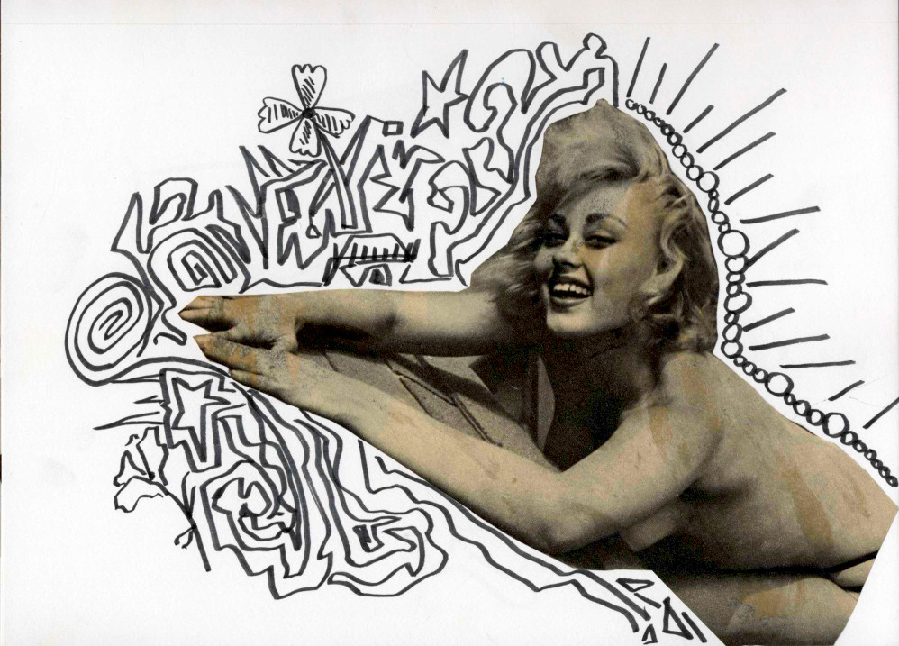 "Kitten on a Hot Tin Roof", collage + marker (2022)