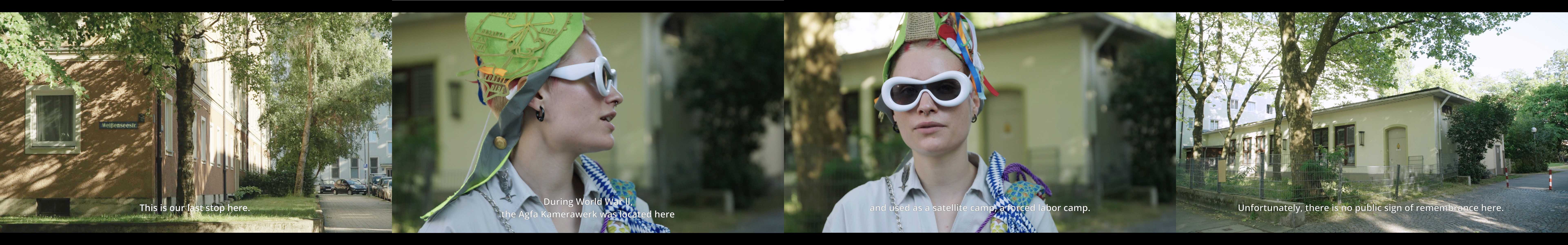 Video stills. During the Second World War, Agfa ran a satellite camp of KZ Dachau in Weißenseestraße, where forced laborers were imprisoned. Text on stills: "This is our last stop here. | During the Second World War, the Agfa Kamerawerk was located here, | and used as a satellite camp, a forced labor camp. | Unfortunately, there is no public sign of remembrance here." Performer: Elisavieta Bogushevskaya. Weißenseestraße Giesing, 2023. Image: Mathias Reitz Zausinger.