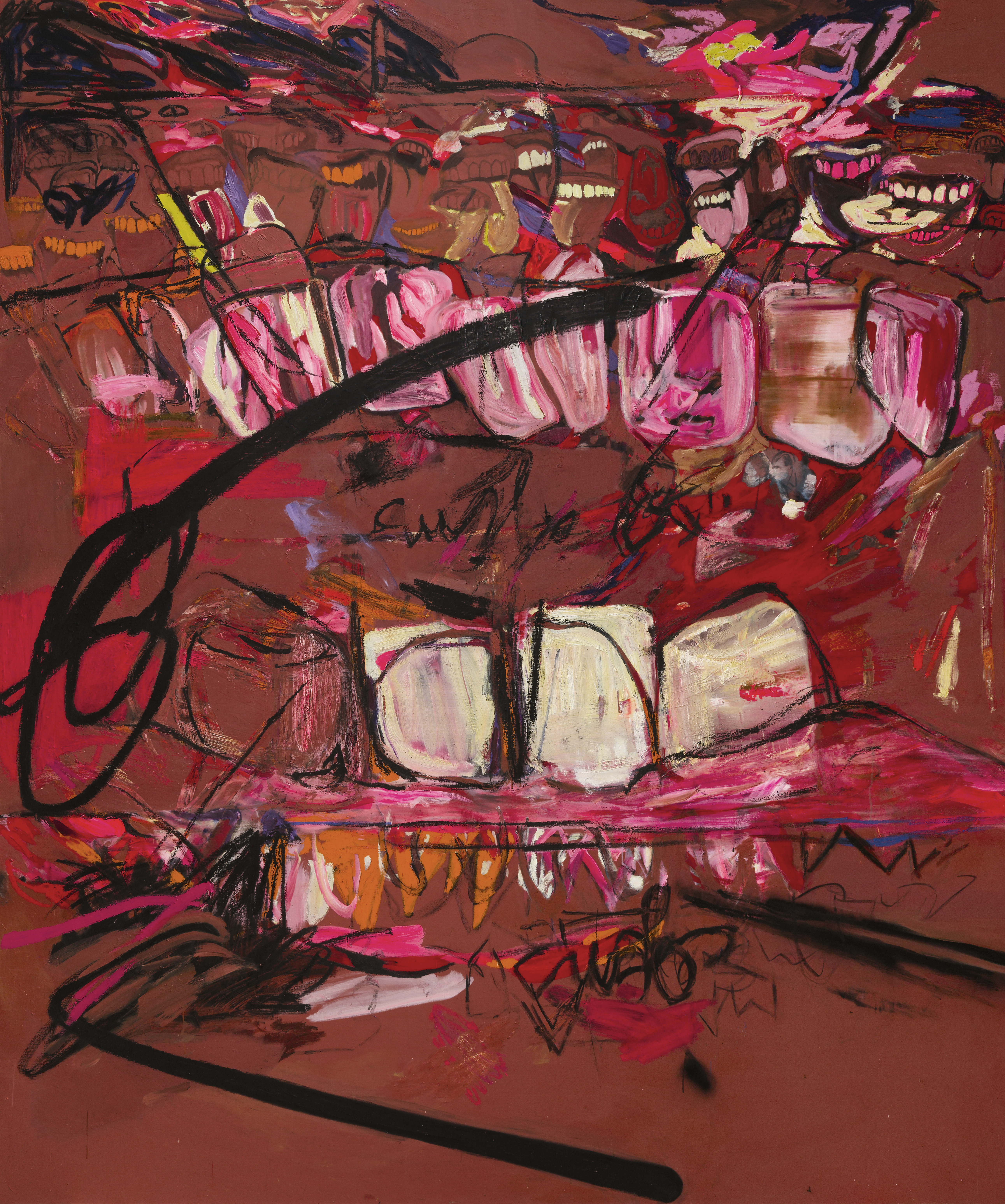 MOUTH RAID, 2023, huile, bâton d’huile, fusain, bombe aérosol sur toile, 250x210cm