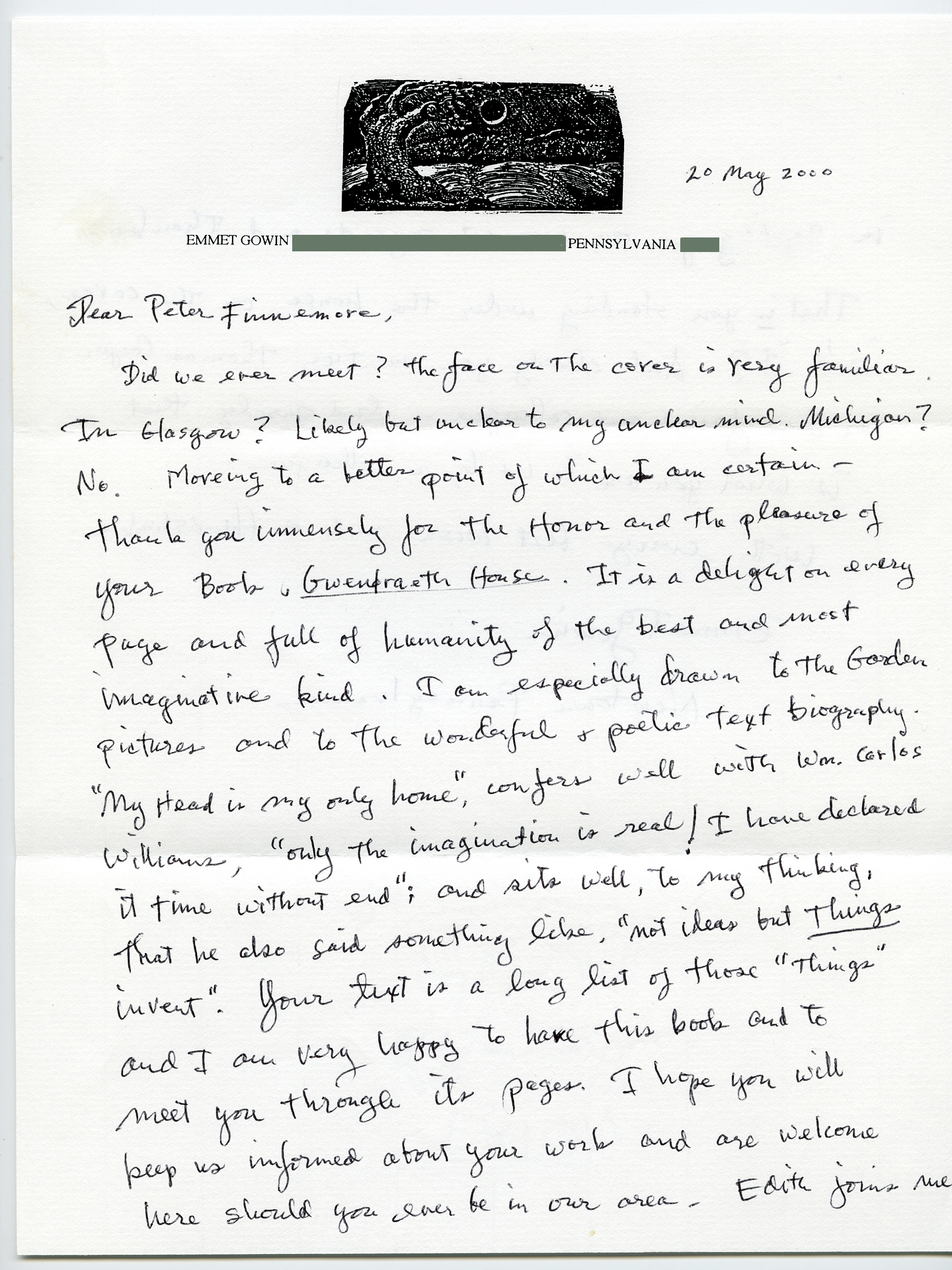 Letter from Emmet Gowin, Gwendraeth House, 2000