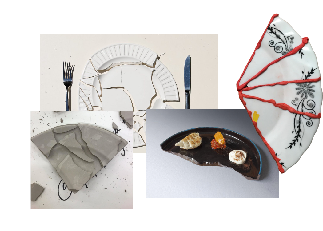 Breaking plates then layering. Telling a narrative of destruction. Perfect to serve insects and scavenged food. Experimented with post-processing by using silicones and caulk to rejoin broken ceramics.
