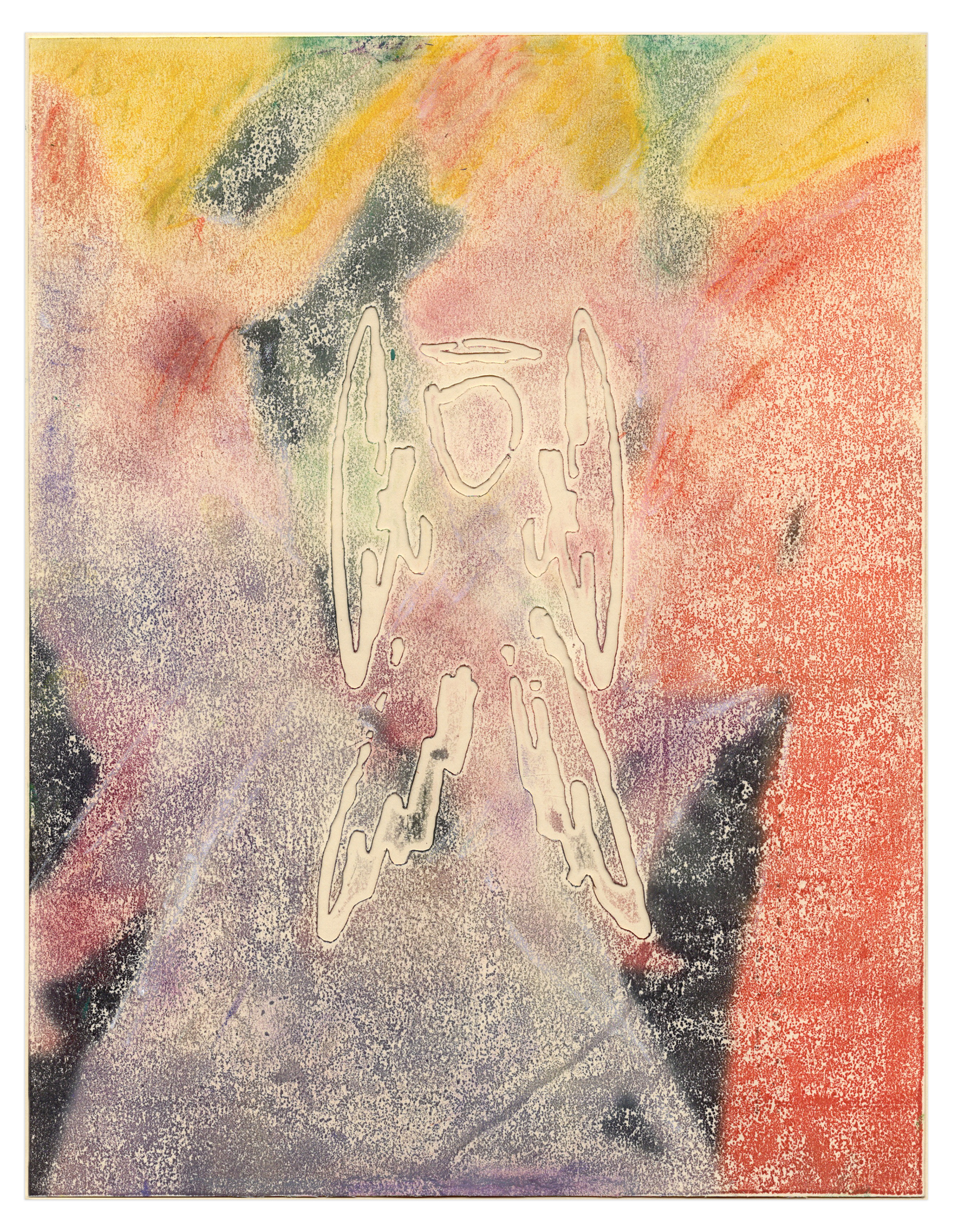 Angel, inkjet transfer + pastel on handcut stencil, 2024