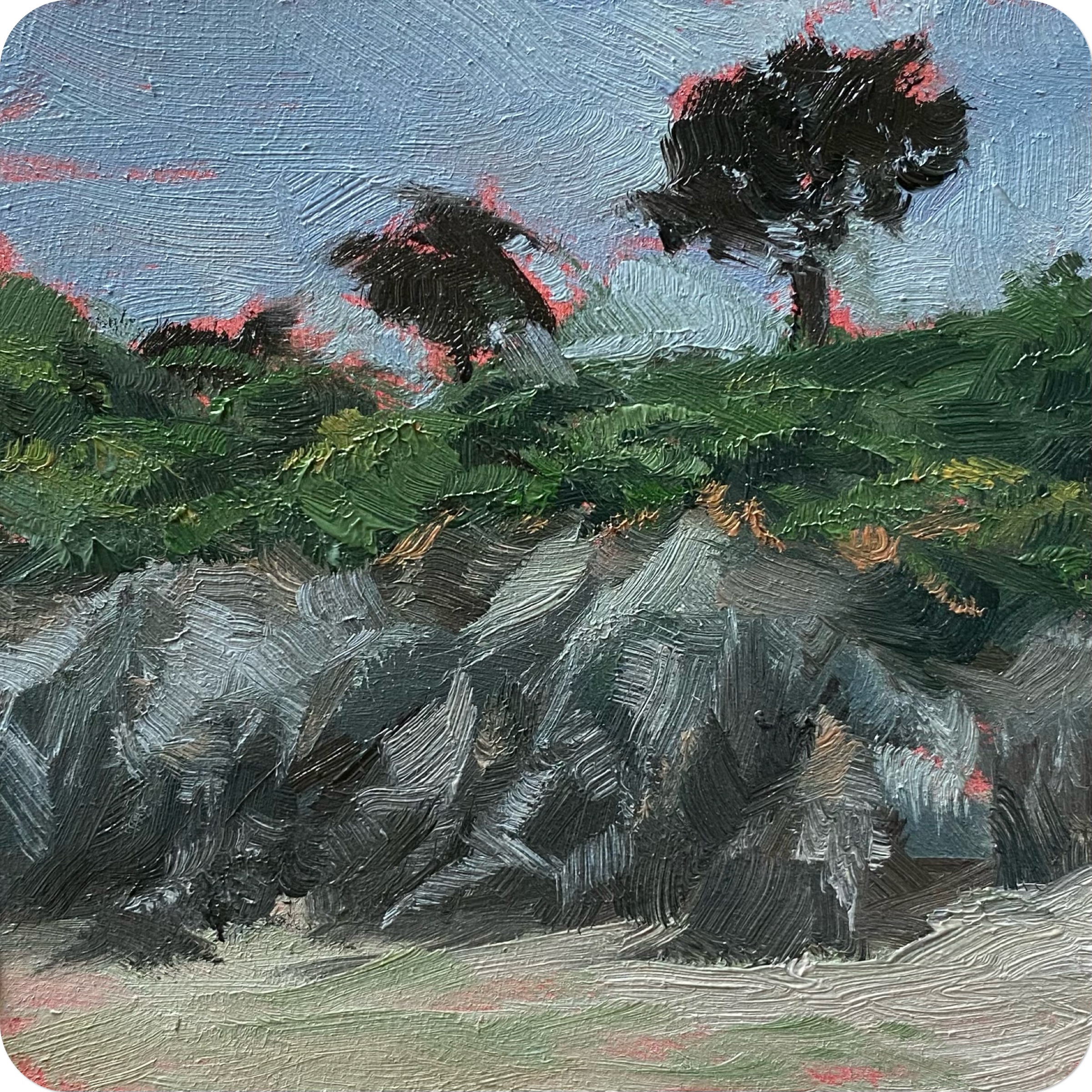 matin gris, plage des curés, 202510 x 10 cm oil on MDF coaster
