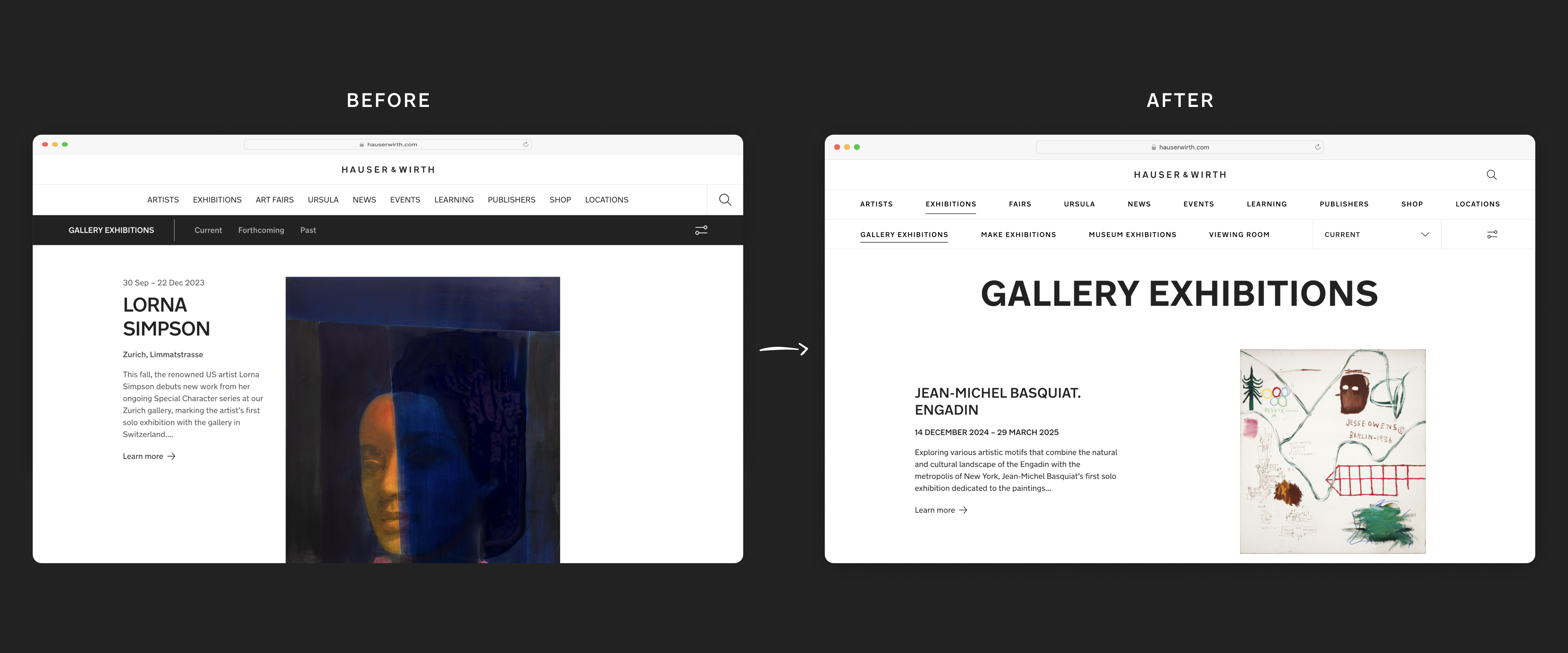 Designed a custom sub-navigation bar specifically for the Exhibitions page, enabling users to navigate between all exhibition page types directly from the Exhibitions page. Previously, three of the exhibition types were only accessible from the mega-menu.