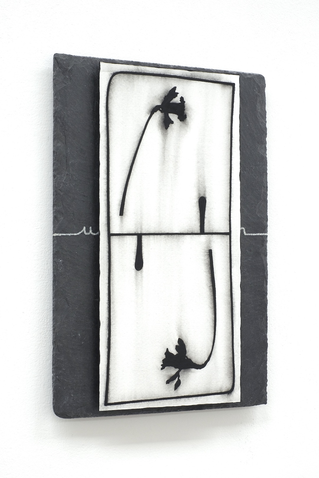 ‘An attempt not to mention that it is upside down’, 2022, acrylic and colour pencil on paper/aluminium and roof slate, 30 x 20 cm