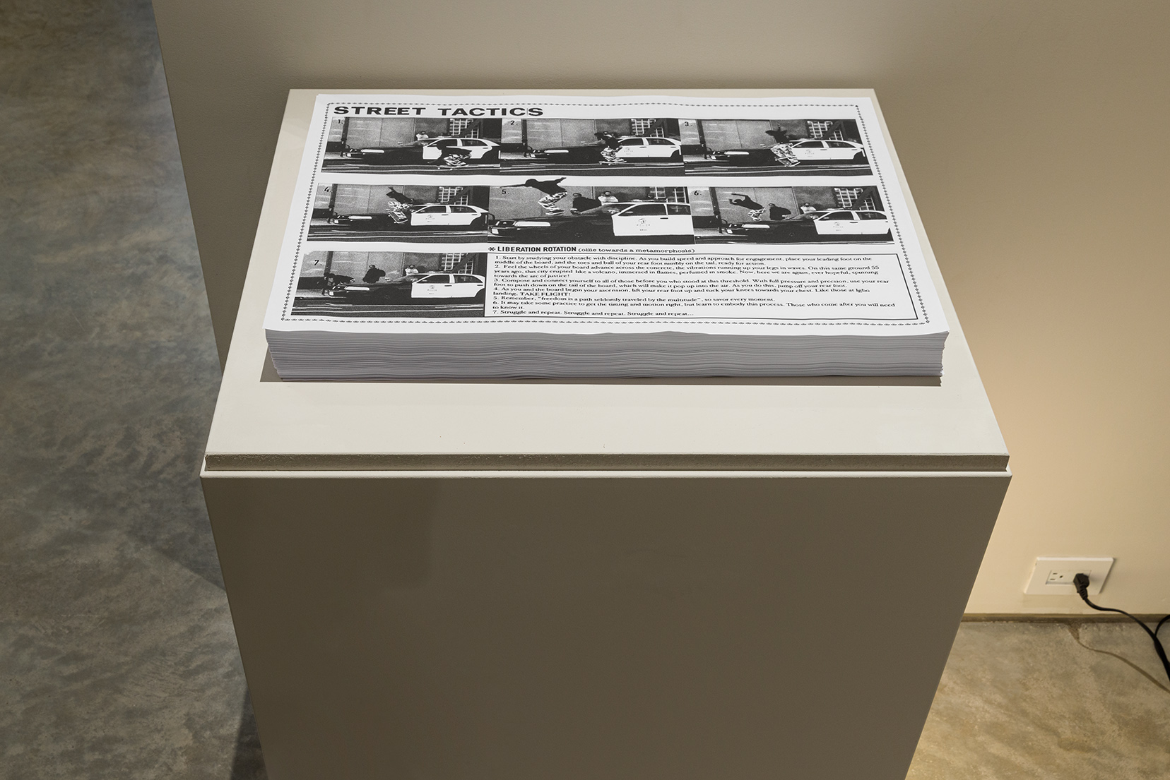 Jamal Cyrus, "Liberation Rotation (Ollie Towards a Metamorphosis)," 2020/2023. Stack of posters, 18 x 24 inches each. Photo by Etienne Frossard.