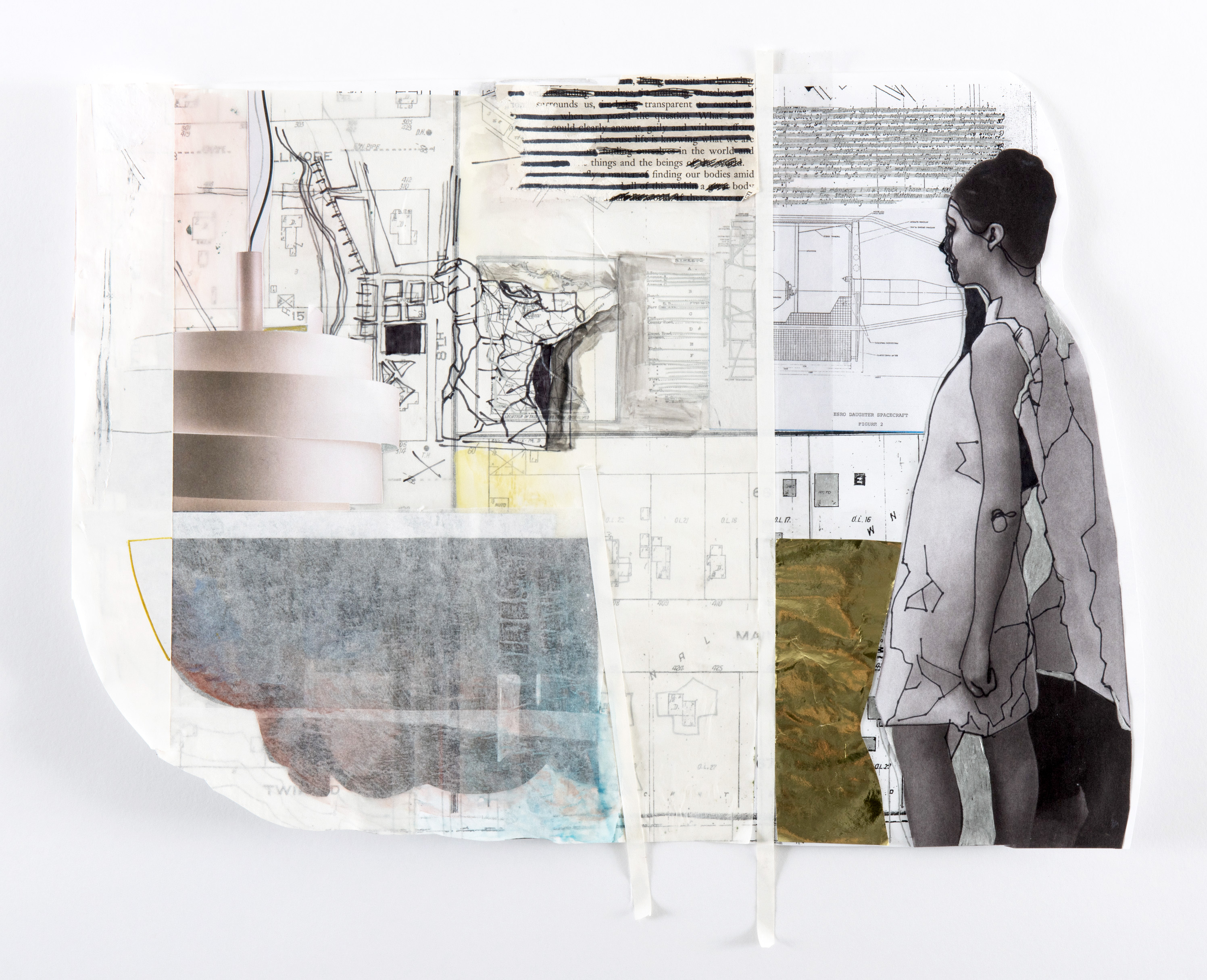 She looked at him with the gaze of a thing, 2017, 11 x 15 in, Found and mixed media