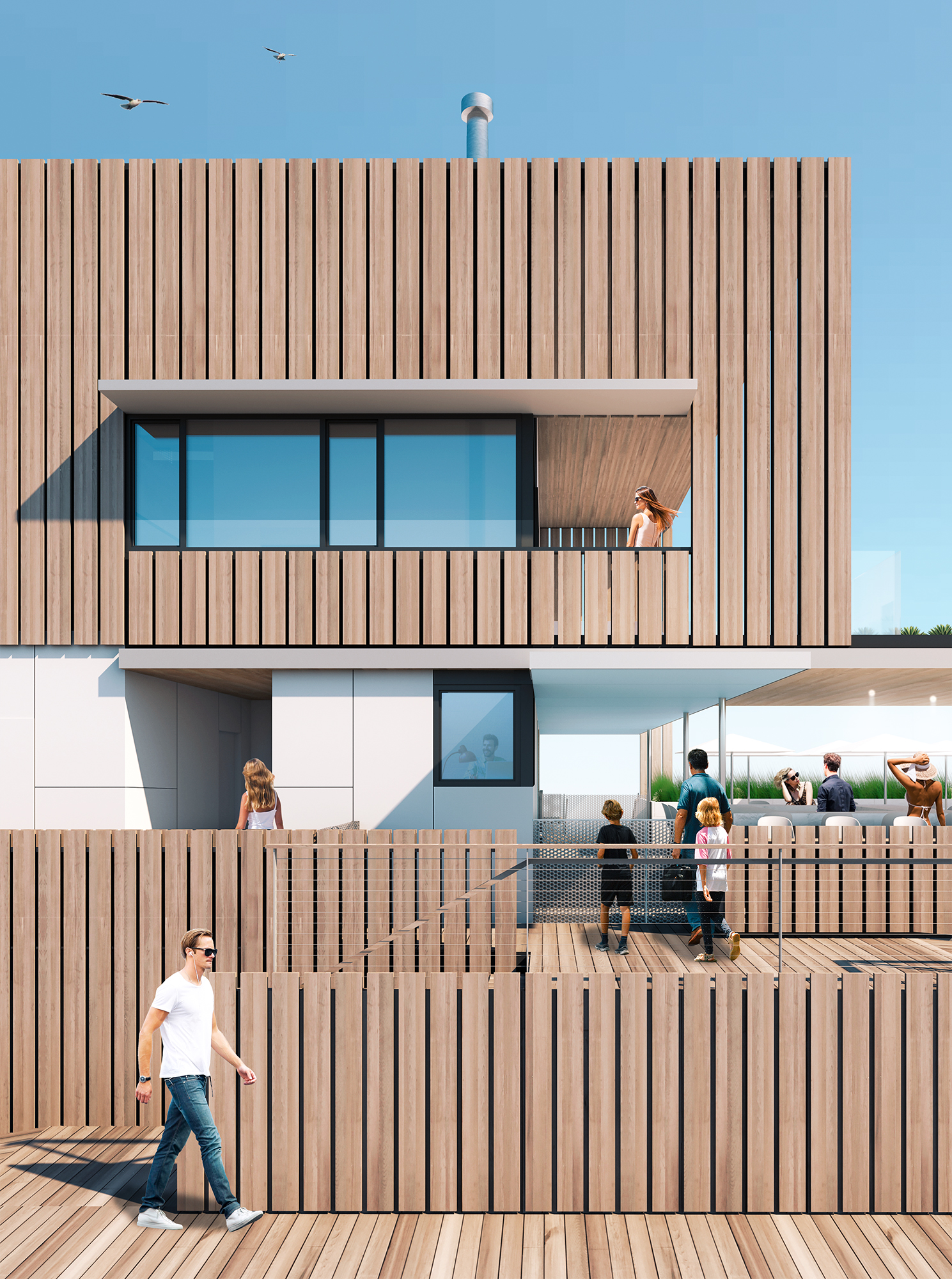 Close-up rendering of the Marina & Pool Club building facade, highlighting the vertical wood slat siding and elevated viewing decks over the bay.