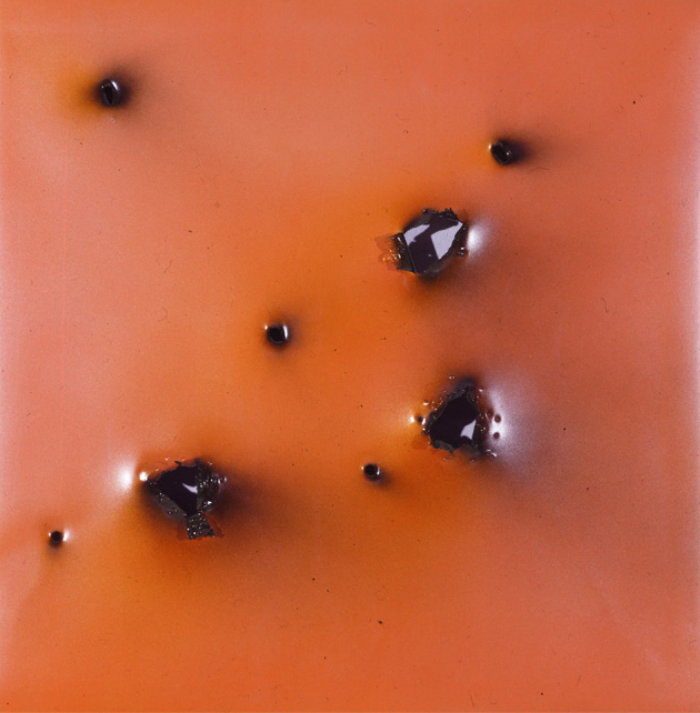 Polychromaculate #1, 2003, aluminum with gunshot, 42x42 in