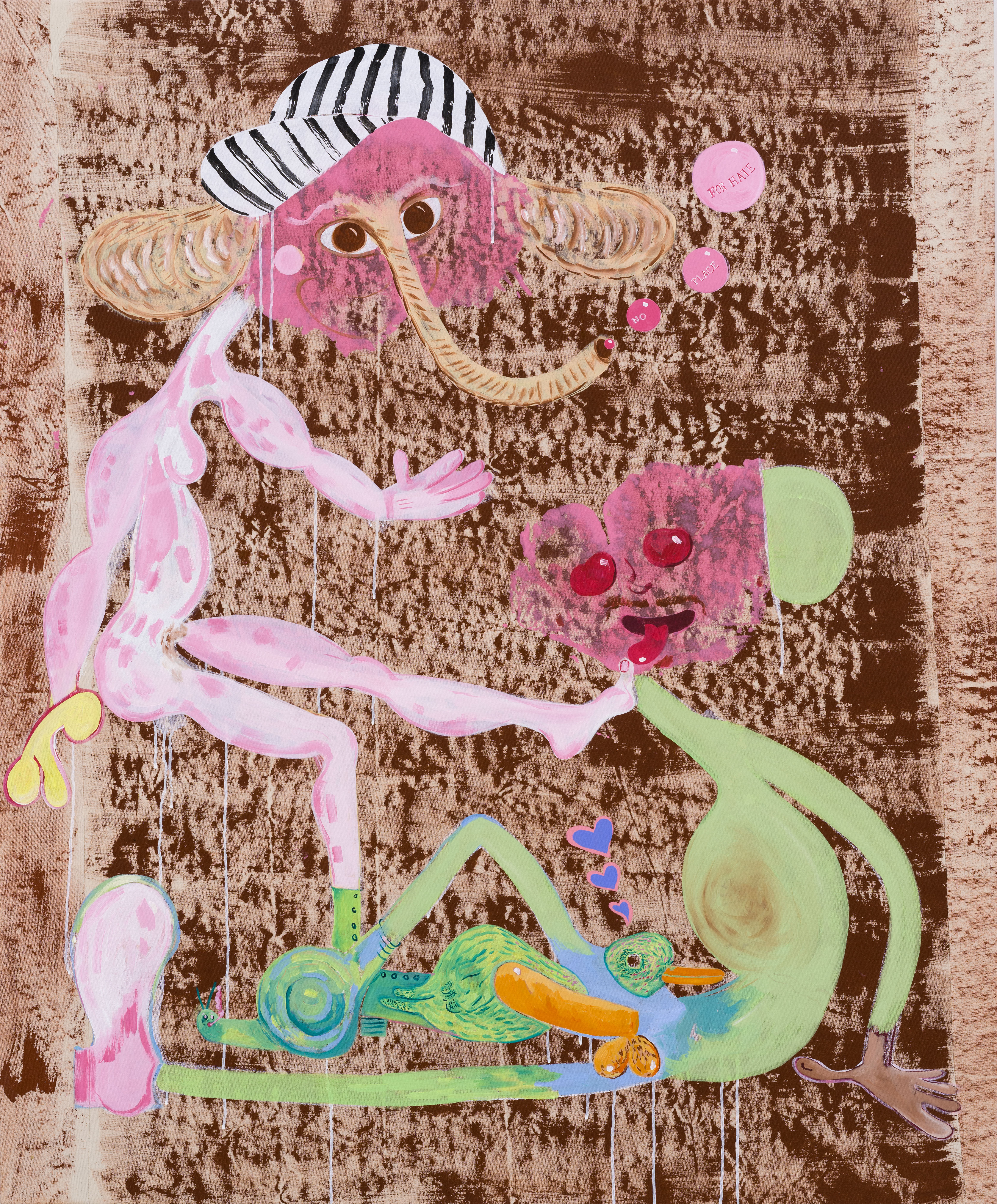Plaisir fétichiste d’une militante antifasciste, acrylique sur toile, 150 x 124 cm, 2017.